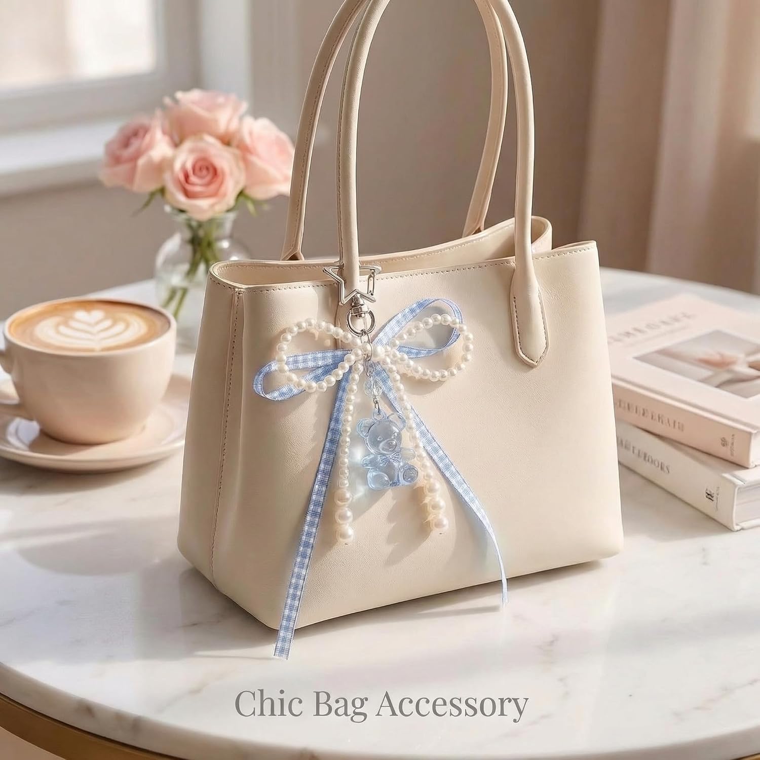 YOJO Coquette Bow Bag Charm for Women, Cute Y2K Pearl & Satin Ribbon Keychain, Accessory for Handbag Car Keys Phone image 2