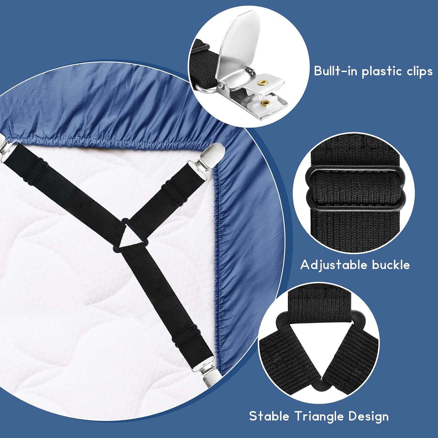 CHRORINE Bed Sheet Holder Straps Adjustable Sheet Fasteners Clips Keep Bedding Stays in Place, 4 Pcs/Set, Black