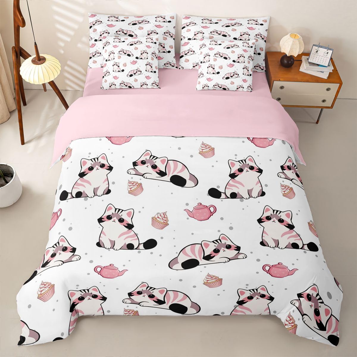Loussiesd Set di biancheria da letto per letto singolo, 7 pezzi, bianco, rosa, grigio, con gatto, per bambini, ragazzi e ragazze, con copripiumino, lenzuola, federe, federe