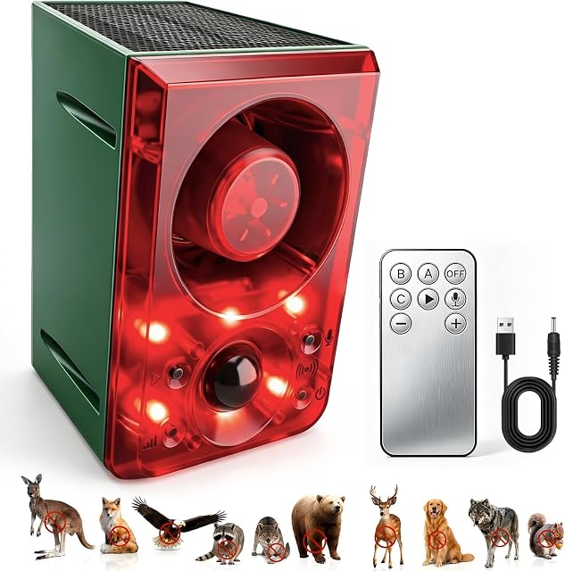 ChunHee Alarme solaire pour détecteur de mouvement extérieur avec son de tir à l'aide d'un chien, enregistrement de soutien et volume réglable, 130db Créateur de bruits lourds 3 Modes de travail Lumière stroboscopique pour la maison, Villa, Ferme, Barn (1pack)