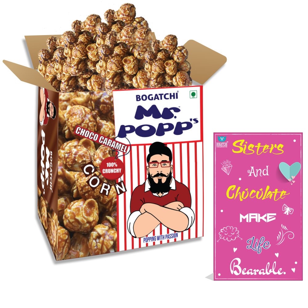 bogatchi mr.popp's dark chocolate popcorn, perfect rakhi gift, handcrafted gourmet popcorn gift hamper, 375g + free happy rakhi greeting card