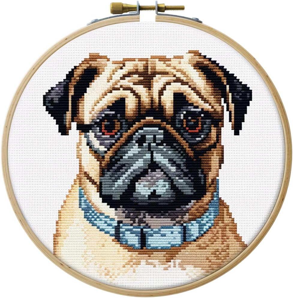 Pug Dog Stamped Cross Stitch Kits for Beginners Easy with Hoop 11CT Needlepoint Embroidery DIY Counted Cross Stitch Kits Art Craft Wall Decoration 35x35cm(4)