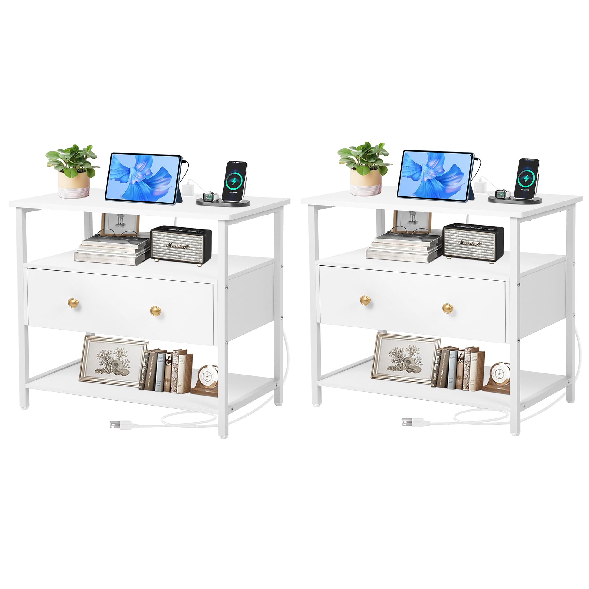 Edbuosy 27 Inch Wide Night Stand Set 2 with Charging Station, Wood Nightstand with Open Shelf, Large Drawer Bedside Table for Living Room/Bedroom/