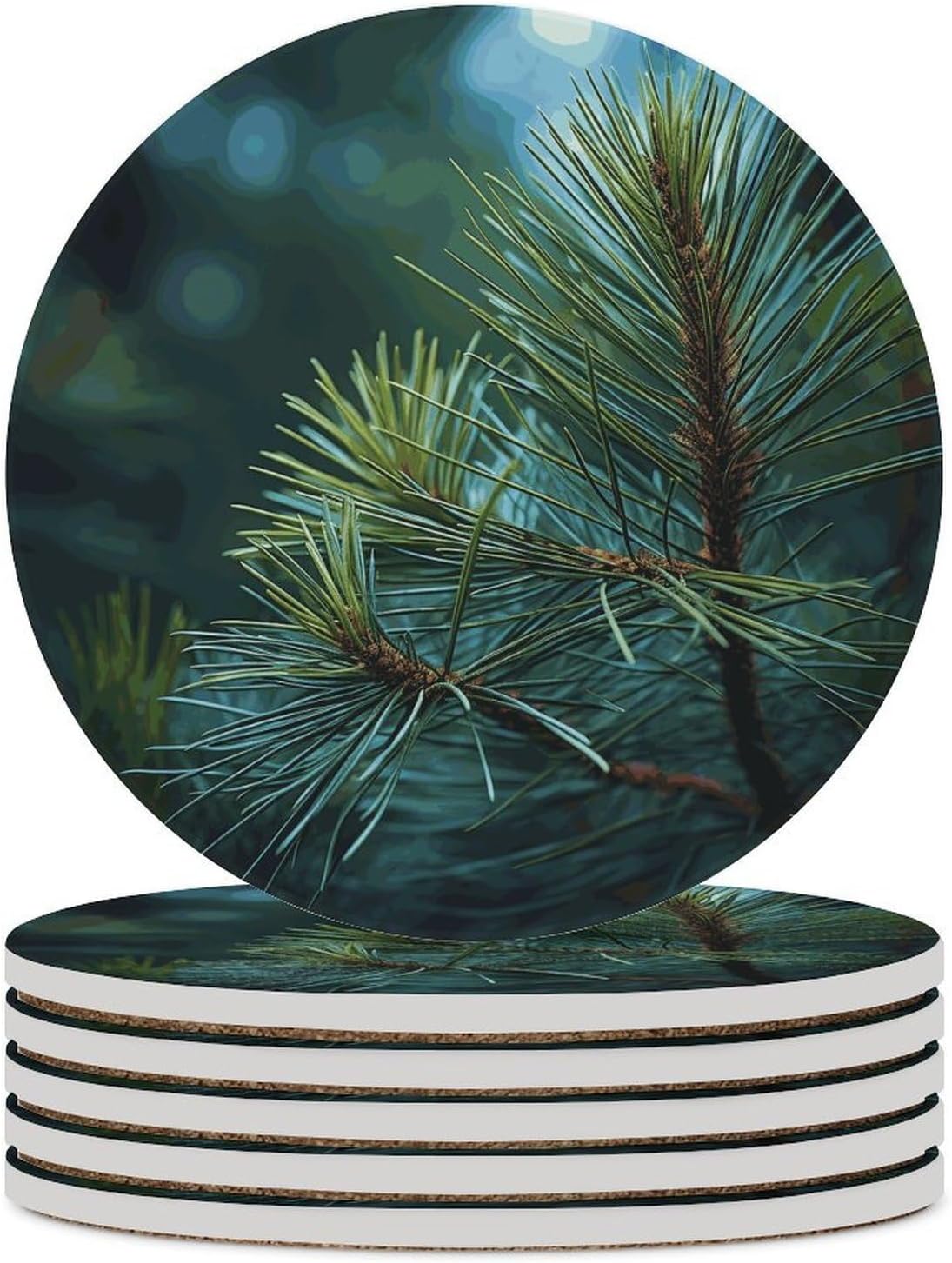 Pine Tree Green Needles Coasters Round Coasters Set Ceramic Stone Coaster with Cork Base Coffee Cup Beverage Cup Mat Cute Funny Table Drinks Coaster for Mugs and Cups Office Kitchen