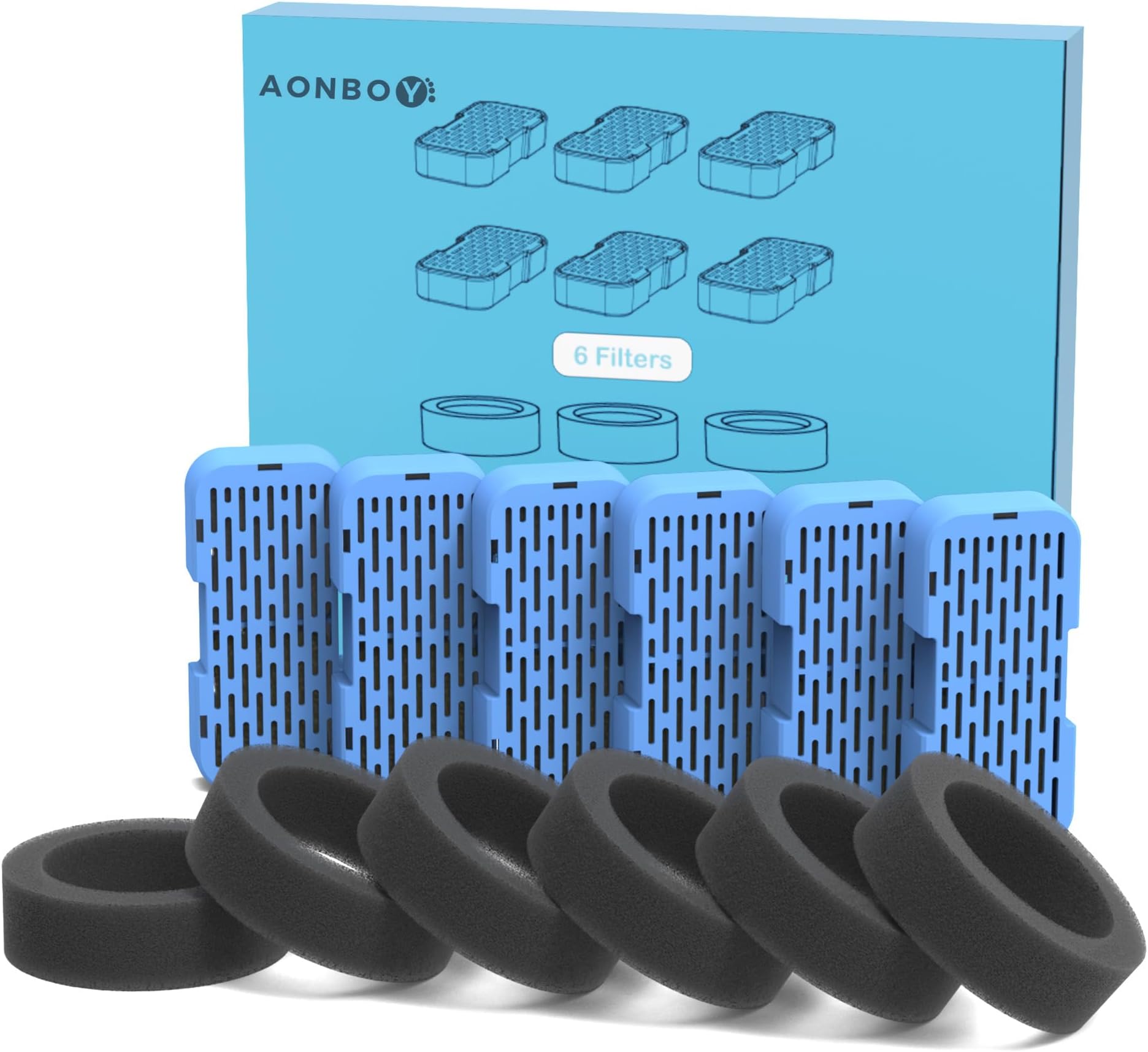 AONBOY Cat Fountain Filters Replacement: 6 Filters + 6 Cat Fountain Sponge, Suitable for AONBOY Pet Fountain S3-SC, Multiple Filtration, Isolates Floating Hairs and gets rid of Odors