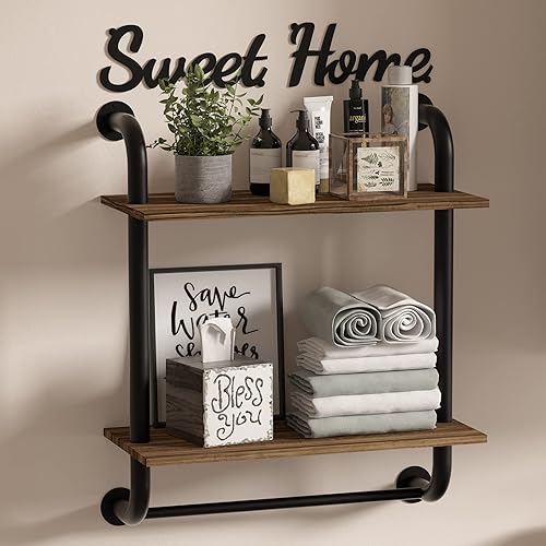 Tinpin Bathroom Shelves Wall Mounted, Rustic Farmhouse Pipe Shelves, 2-Tier, Industrial Shelving, Floating Shelf Decor for Bathroom, Kitchen, Bedroom, Living Room 17.3 inch