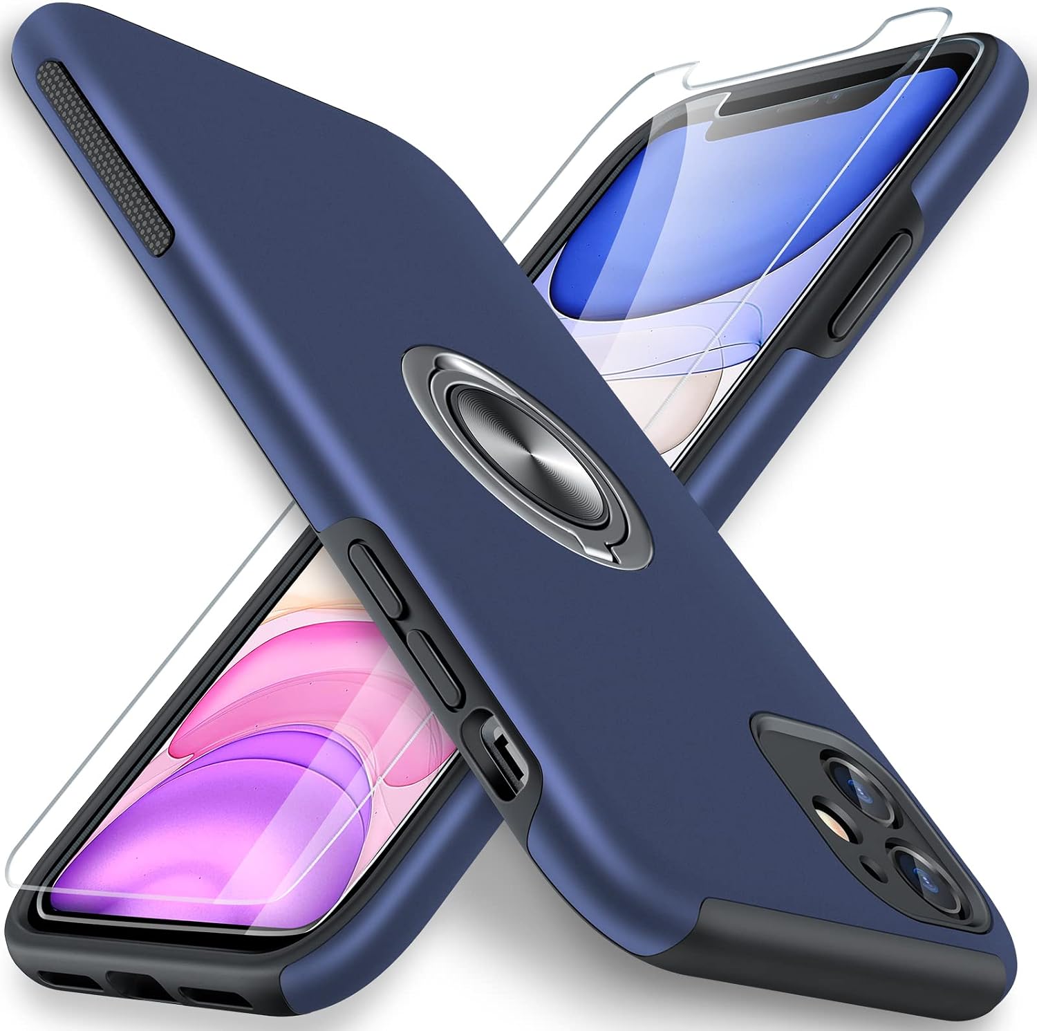 JAME for iPhone 11 Case with [2 Pack] Tempered-Glass Screen Protector, Slim Soft Bumper Case for iPhone 11 Case, with Invisible Ring Holder Kickstand for iPhone 11 Case, Blue