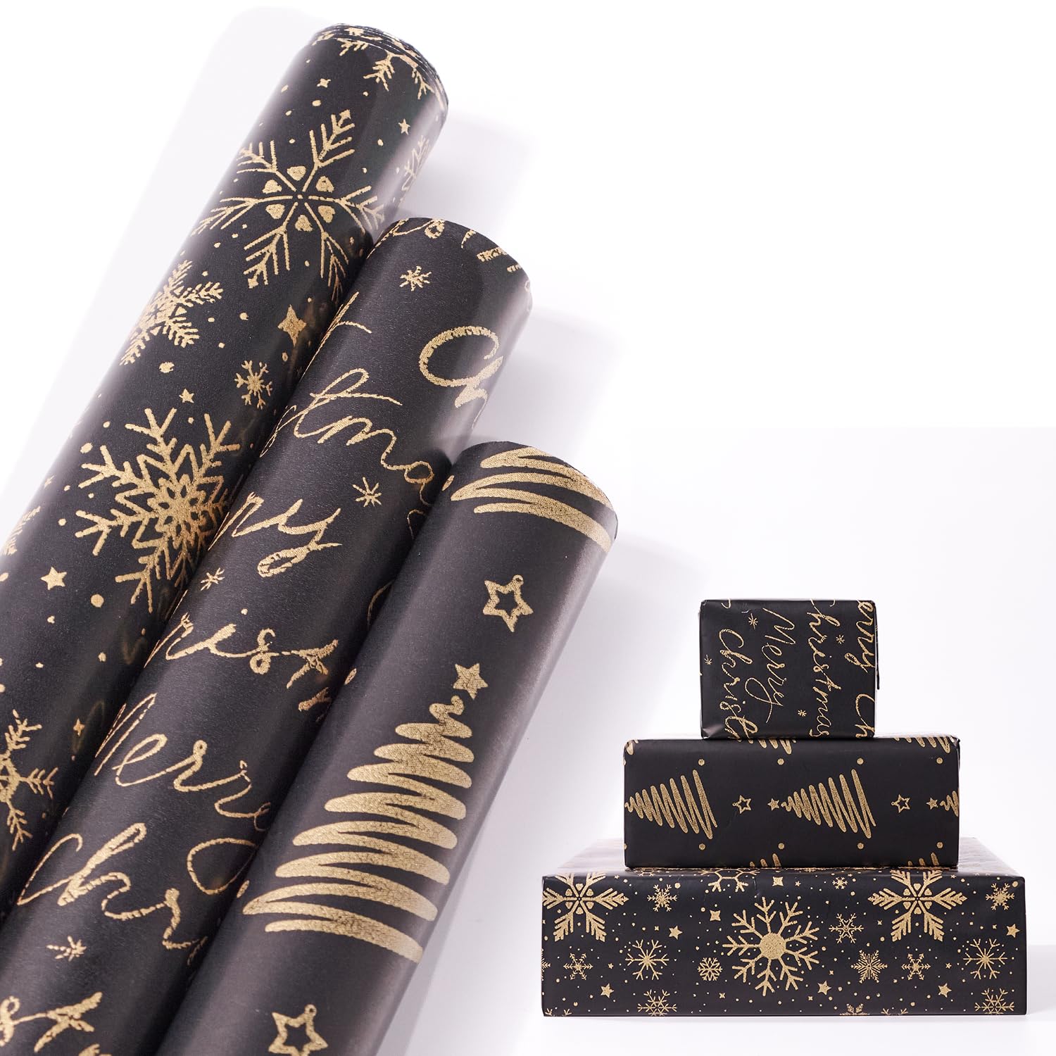 Christmas Wrapping Paper Roll,3 Rolls 43cm x 3m Xmas Gift Wrapping Paper,Metallic Gift Wrap Paper with Snowflake Xmas Tree Pattens for Christmas,Party,Festive Decorations (black gold)