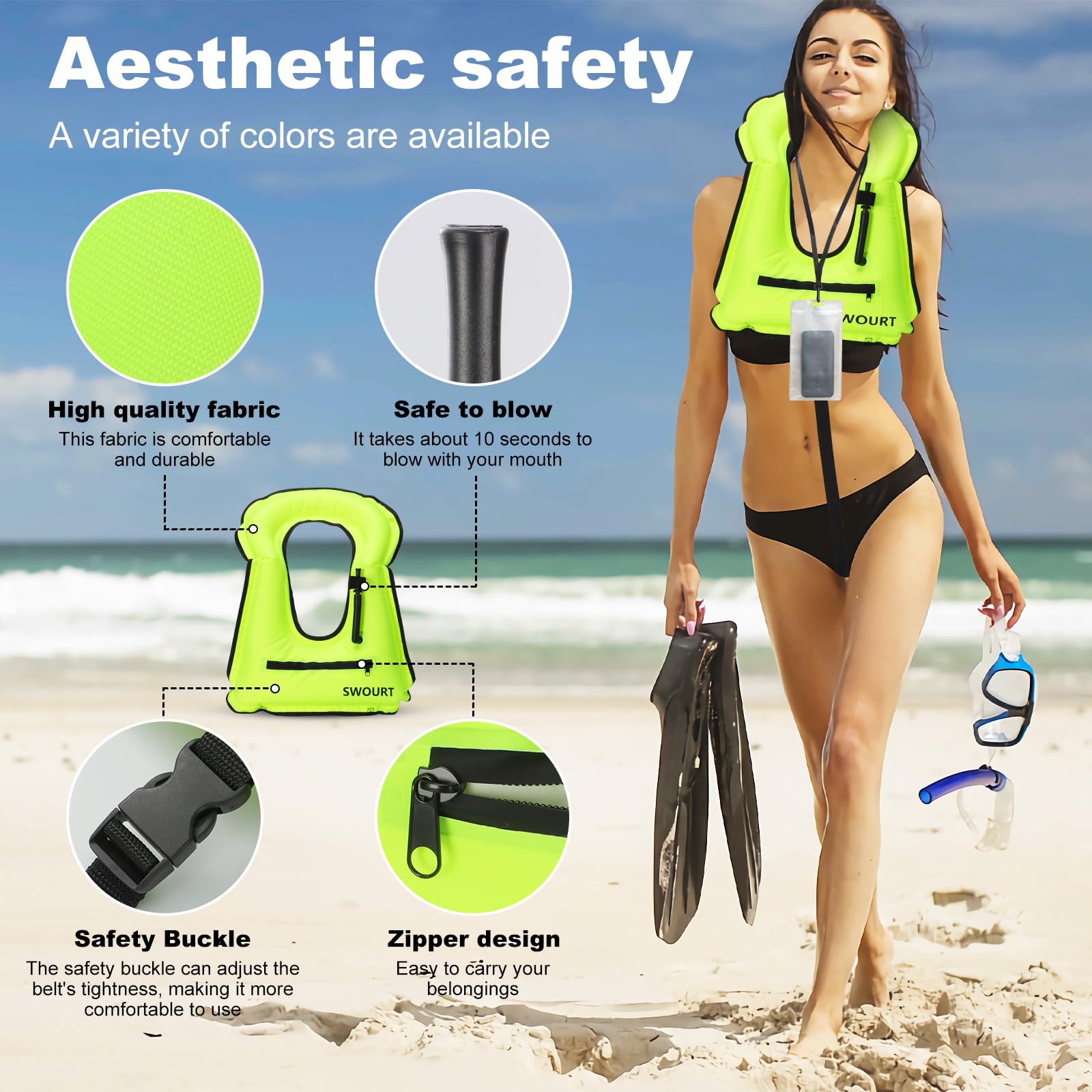 Aufblasbare Schnorchelweste, kostenloses Tauchen Schwimmen Sicherheit Last bis zu 220 Ibs-Mit wasserdichter Tasche