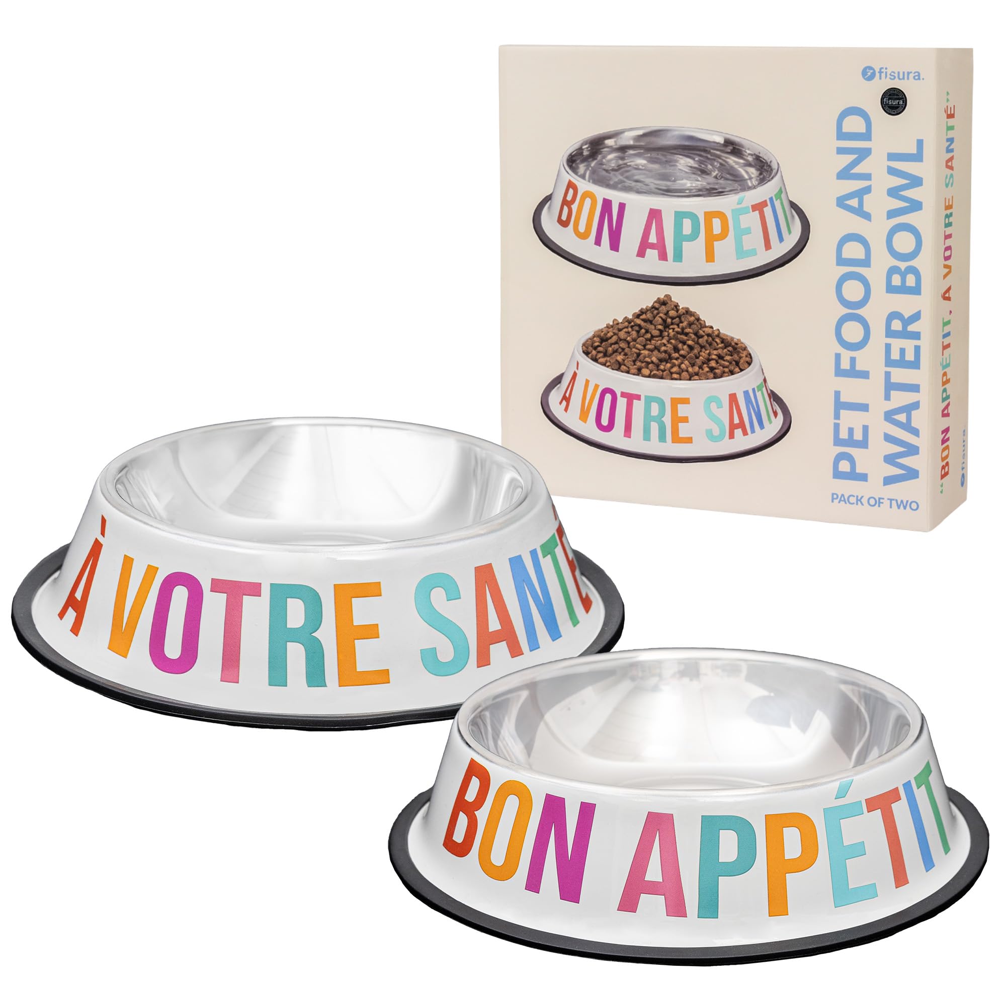 Fisura - Durable & Stylish Stainless Steel Dog Bowls Set, Non-Slip Pet Feeding Bowls, Multicolor, 500ml Food Bowl & 1000ml Water Bowl, Double Dog Dish Set