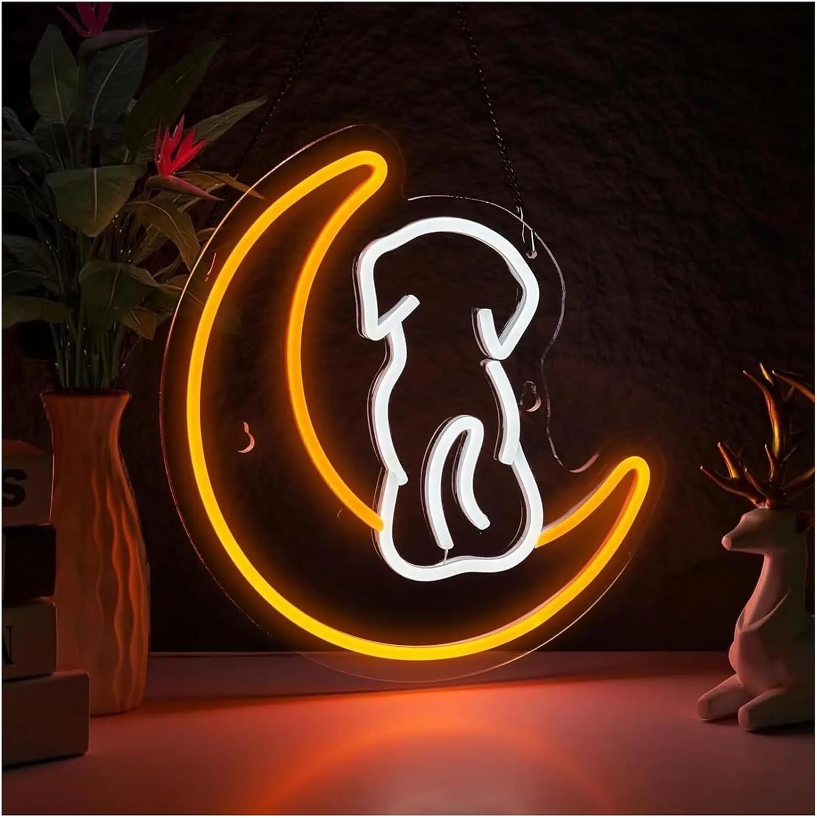 Lampe Néon Enseigne lumineuse LED «Lune et Chien» décoration murale idéale une chambre d'enfant salle jeux fête ou un magasin 31,7×32,8cm