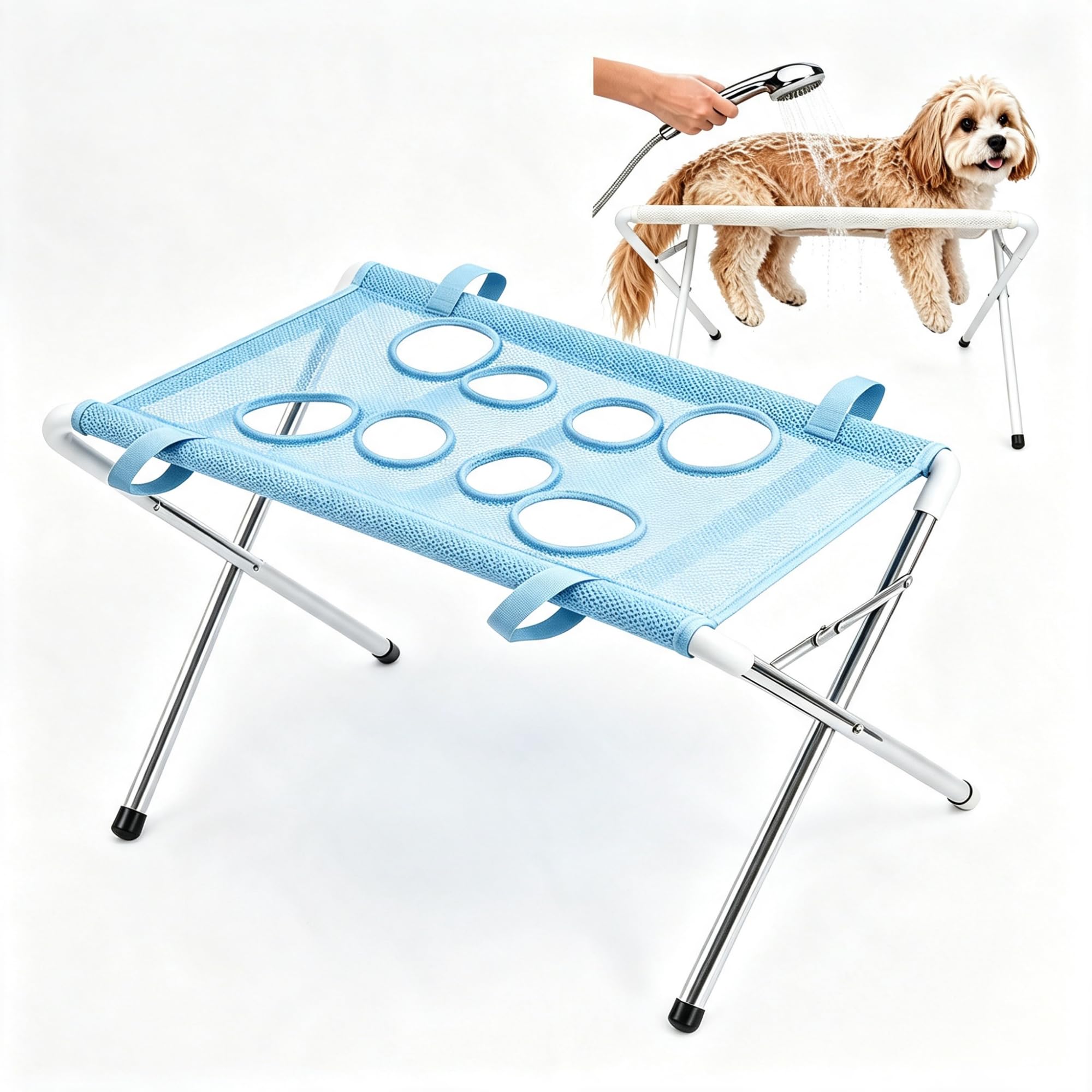 Foldable Pet Grooming Hammock Stand, Stainless Steel Pet Bath Holder, Escape‑Proof Mesh Hanging Harness for Small Dogs Cats, for Nail Clipping Bathing Brushing，blue