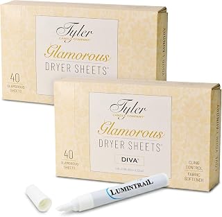 Tyler Candle Glamorous Dryer Sheets, Diva Fragrance, 2 Pack, 80 Sheets | Fabric Softener, Reduce Static Cling, Great For Clothing, Towels, Bedding, & Linens, with a Lumintrail Stain Remover Pen