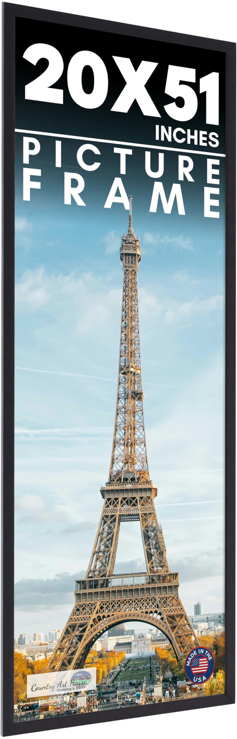 CountryArtHouse 20x51 Frame Black Solid Pine Wood Picture Frame Includes UV Acrylic Plexiglass, Acid Free Foam Backing Board and Hanging Hardware