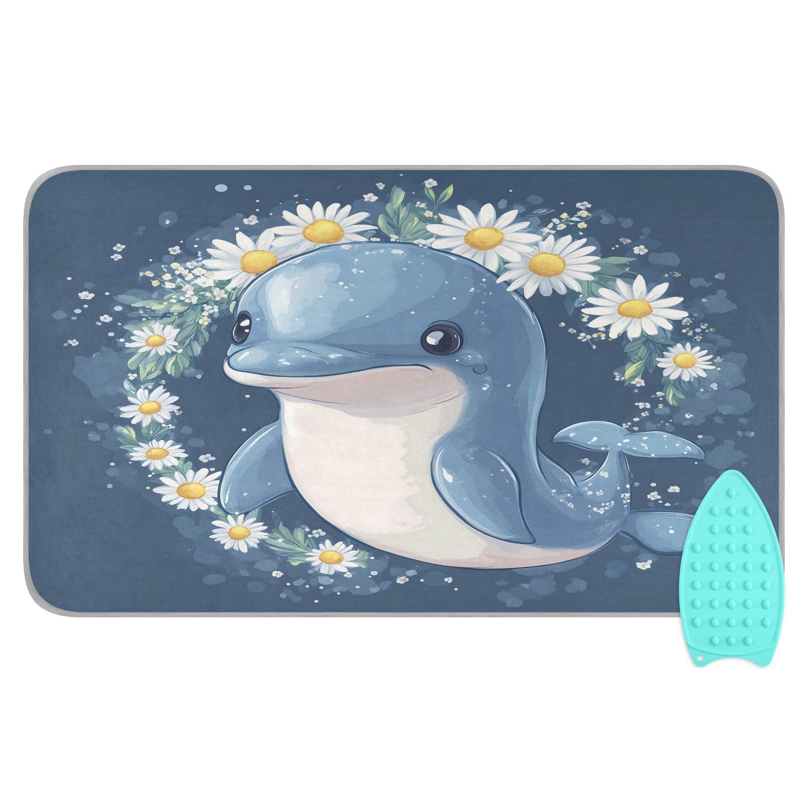 pnyoin Portable Ironing Mat Blue Dolphin with Daisies Travel Ironing Pad with Silicone Iron Rest for Steam Pressing on Tabletop or Bed Heat Resistant Portable Quilting & Travel Blanket