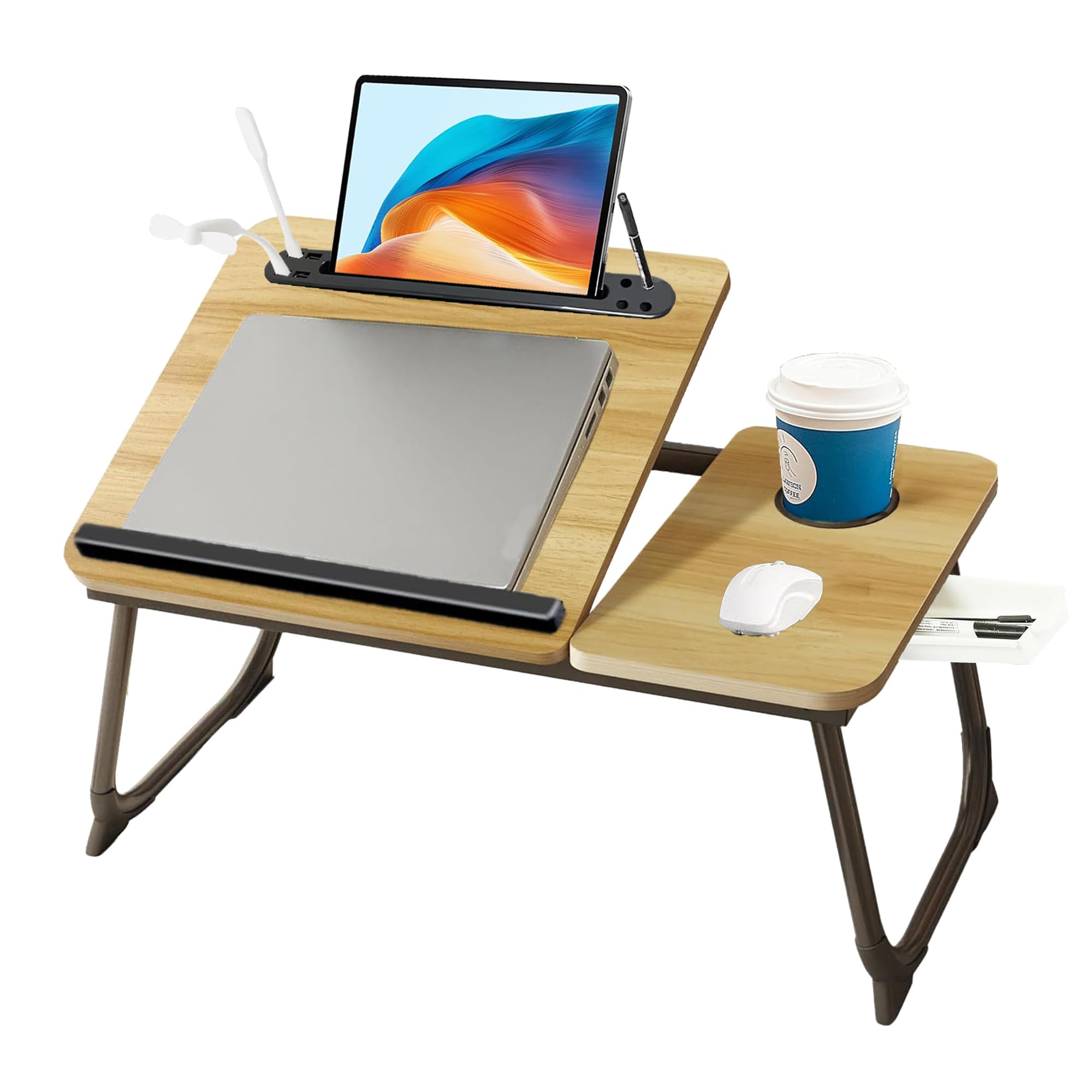 Laptop Desk, Laptop Bed Table with Foldable Legs, Cup Holder, Storage Drawer and USB Charging Port, Lap Desk Suitable for Work, Reading, Writing, Breakfast﻿ (Log color)