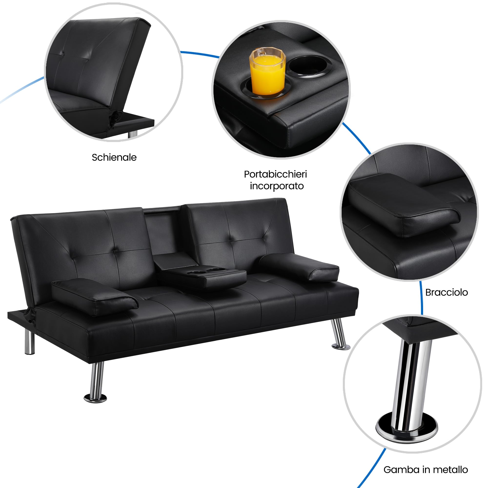 Yaheetech Divano Letto con 2 Braccioli Staccabili Divano Trasformabile Mobile Imbottito a 3 Posti Divanetto Reclinabile da Salotto con Supporto Centrale Porta Bicchieri Nero/Finta Pelle