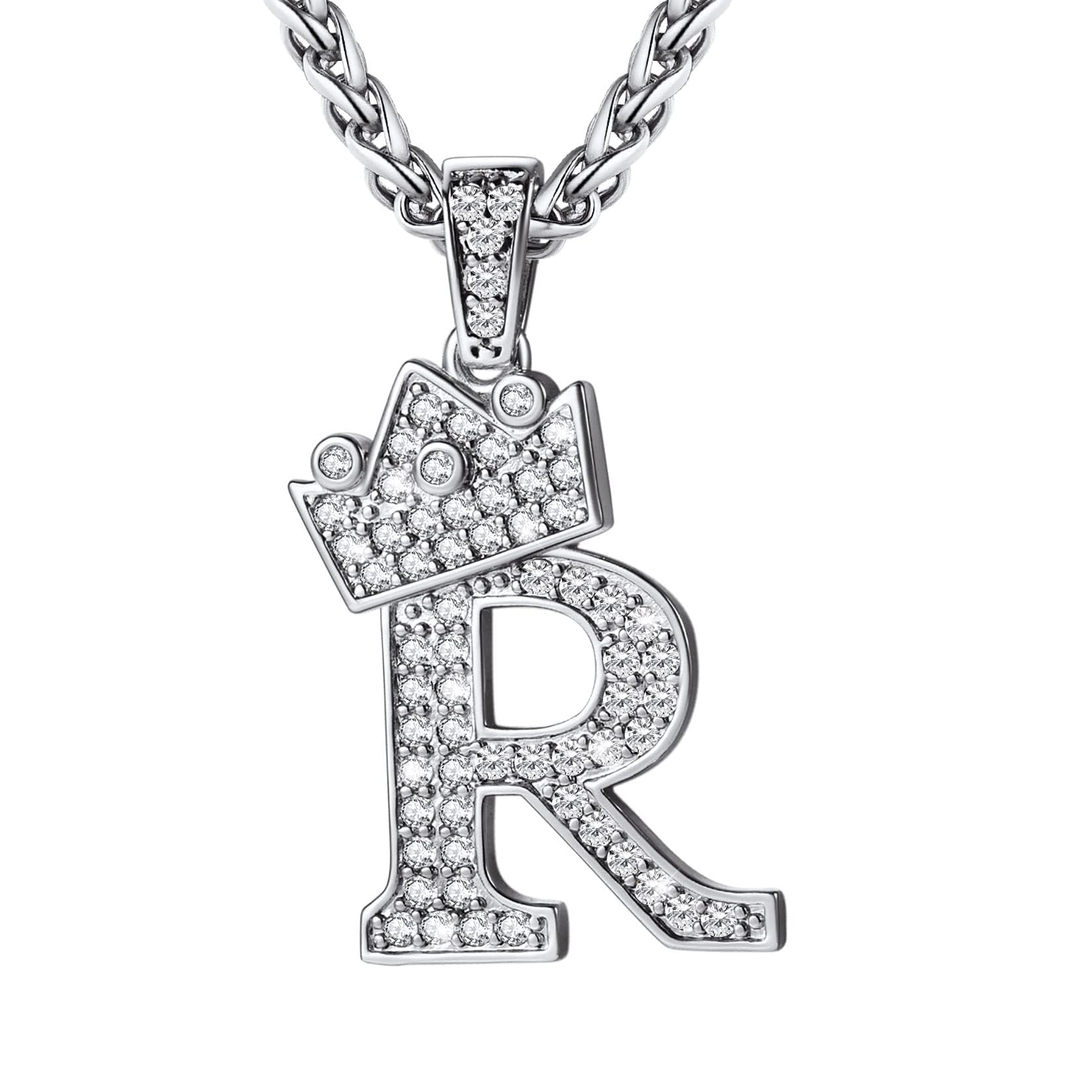 Crown Initial Necklace Men Women, Bling Diamond A-Z 0-9 Letter Pendant with Wheat Chain, Silver/Black/Gold Plated CZ Alphabet Number Hip Hop Jersery for Father Husband