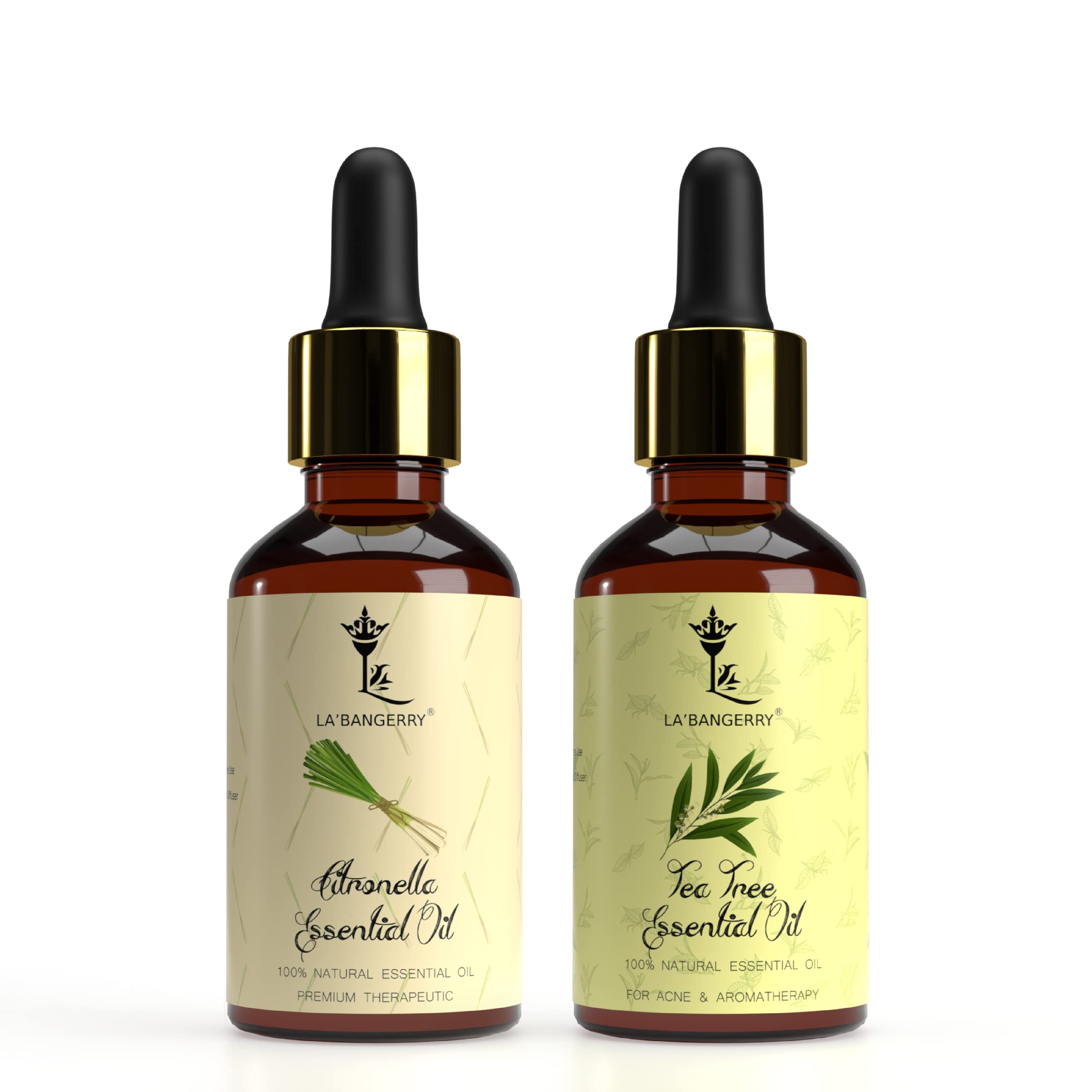 LA'BANGERRY 100% Pure & Natural Citronella And Tea Tree Essential Oil For Diffusers, Home Care, Candle Making, Fragrance, Aromatherapy, Humidifiers - Premium Natural Oil With Glass Dropper For Men And Women (30 ml Each)