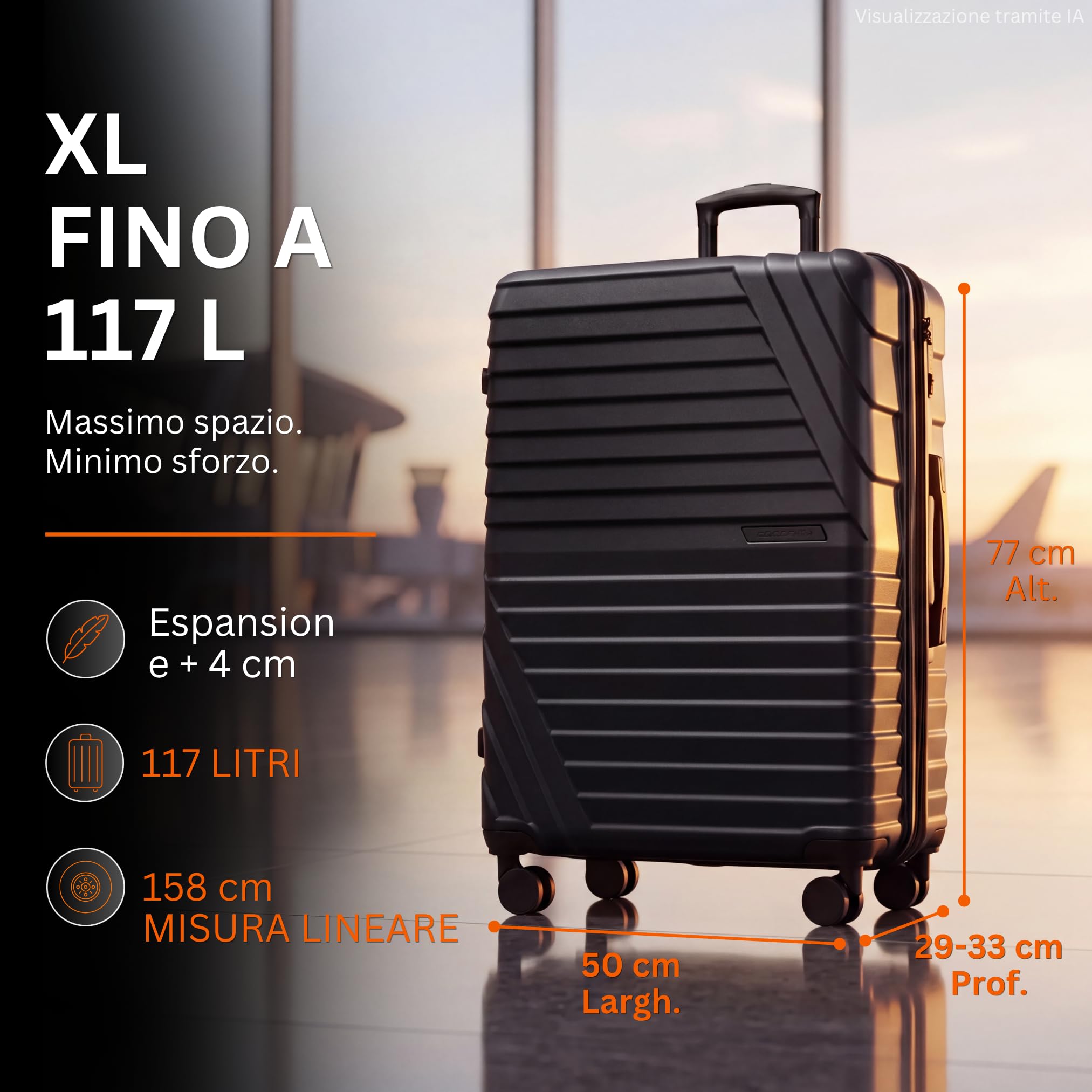 Cocoono Capienza 100-117 litri espandibile con soffietto, 78x50x30 cm, 4 doppie ruote girevoli a 360 gradi, lucchetto TSA integrato Trolley rigido (Nero, XL)