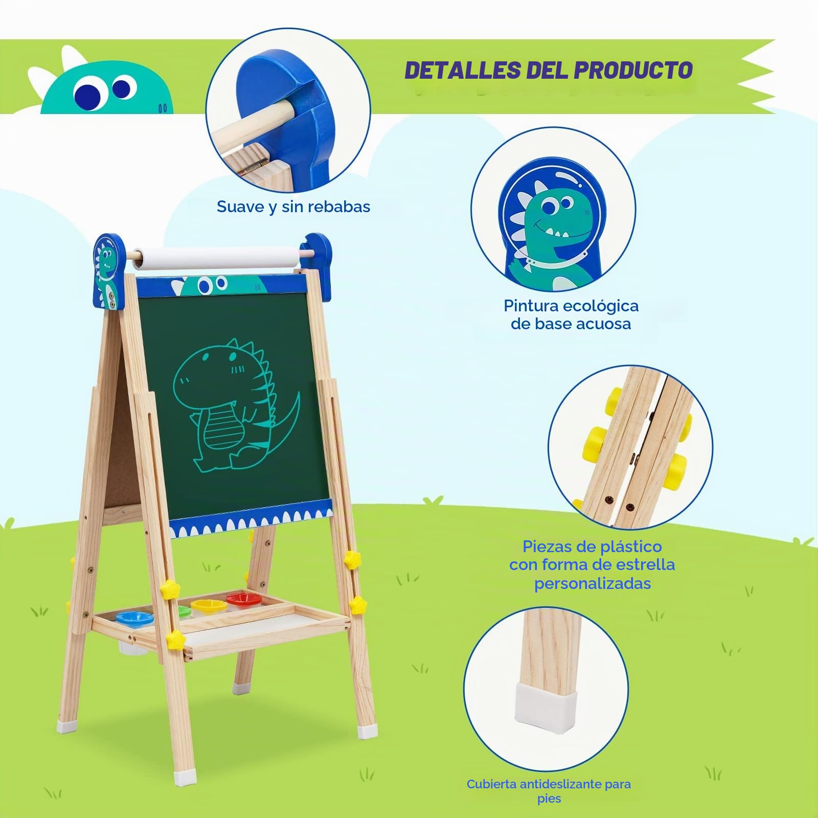Caballete Pintura niños, Pizarra de Dibujo de Doble Cara de Madera Plegable, Caballete de Arte de Altura Ajustable con Números, Pergaminos y Otros Accesorios, edades 2-15 (Dinosaurios)