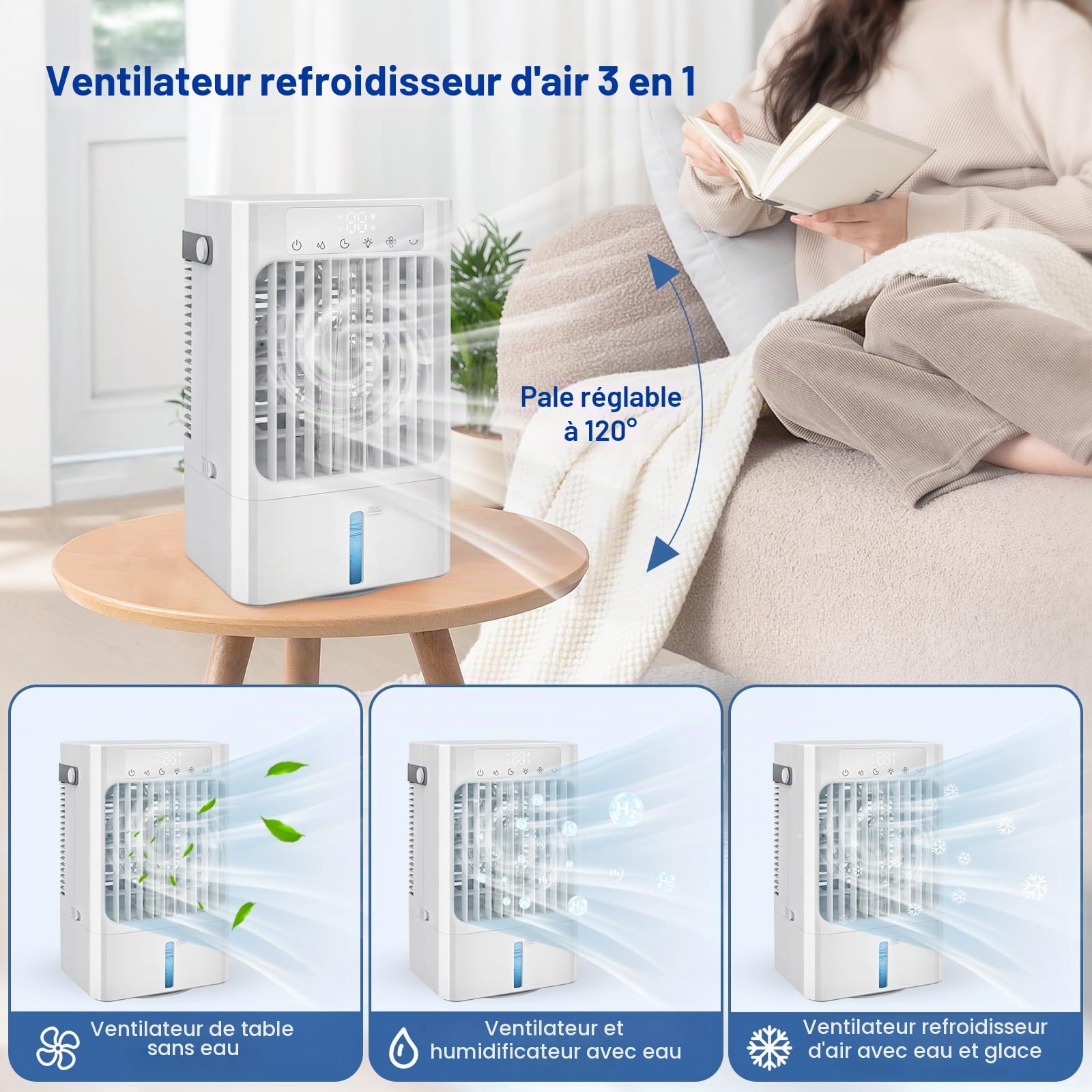 Climatiseur mobile petit, ventilateur silencieux avec refroidissement à eau, ventilateur de table 3 en 1 pour la maison et le bureau, ventilateur d'air portable avec réservoir d'eau de 900 ml