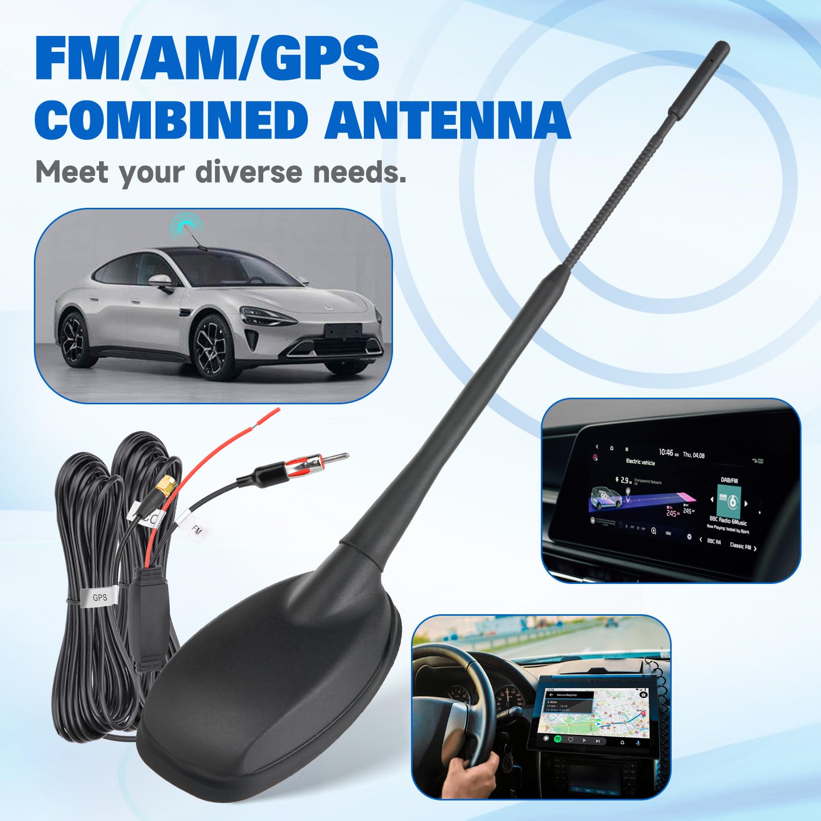 Eightwood GPS FM AM Antenne Voiture Active antenne Radio GPS FM avec amplificateur de Signal pour antenne Toit + câble Extension 5 m pour Tuner radios FM Pioneer Sony