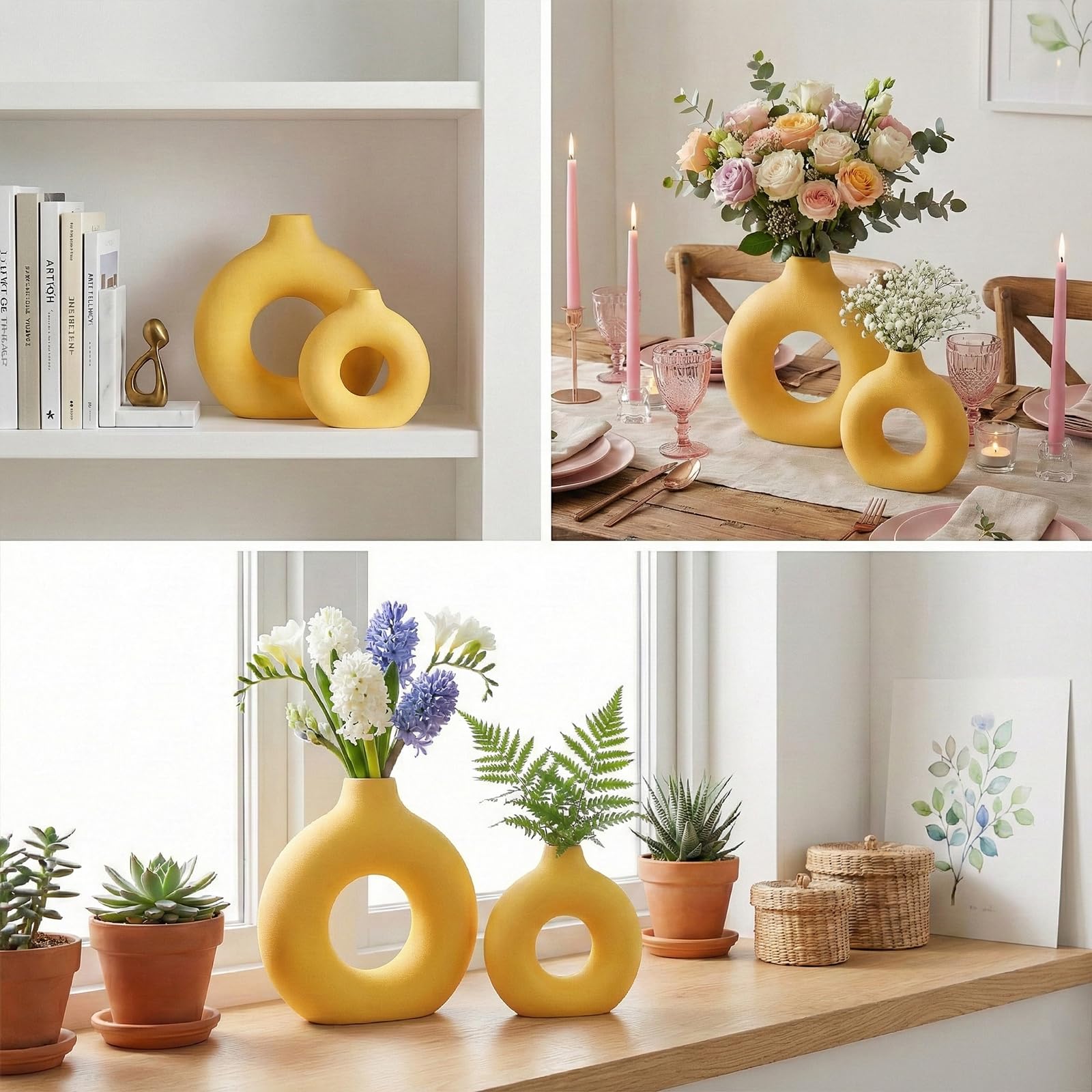 Donut-Vasen, kreisförmige Matte Keramikvase für Eingangsbereich, Wohnzimmer, Schlafzimmer, Esstisch, Tischdeko, Büro, Wohndeko, Gelb, 2er-Set