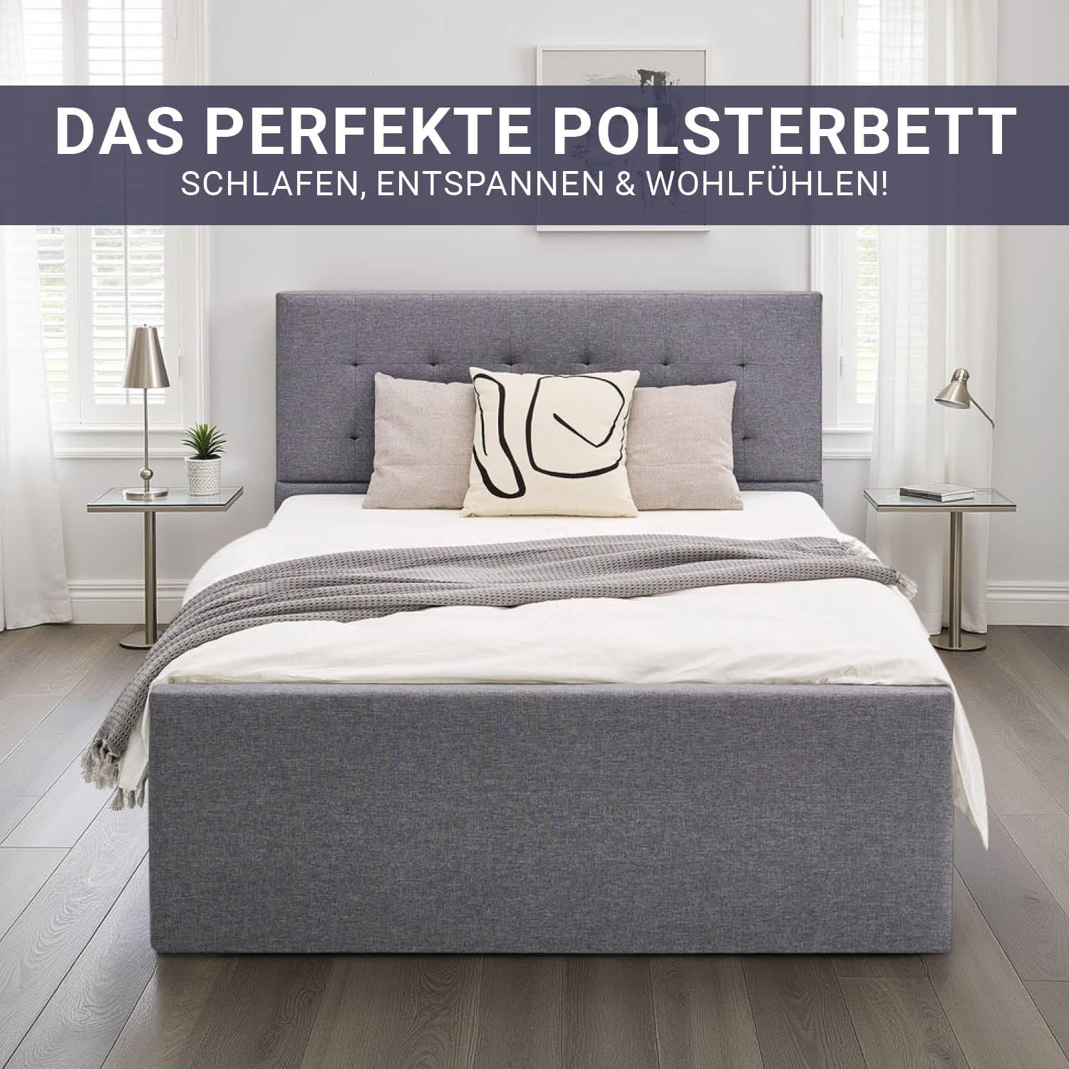 Homestyle4u Polsterbett 120x200 mit Bettkasten & Lattenrost | Stauraumbett 120 x 200 cm in Grau – 2 Schubladen auf Rollen, gestepptes Kopfteil, MDF-Rahmen