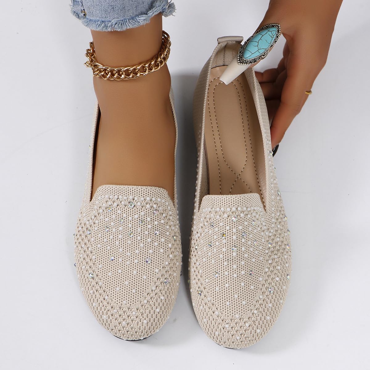 Zapatos planos de ballet de punto transpirable para mujer, zapatos planos