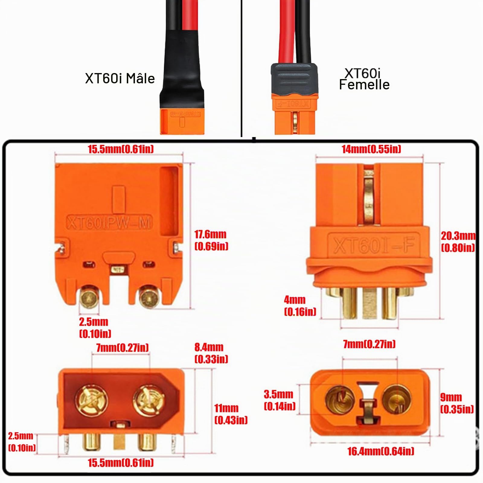 Câble d'extension XT60i Câble XT60i Connecteur mâle vers femelle pour alimentation panneau solaire Accessoires pour batterie déportée