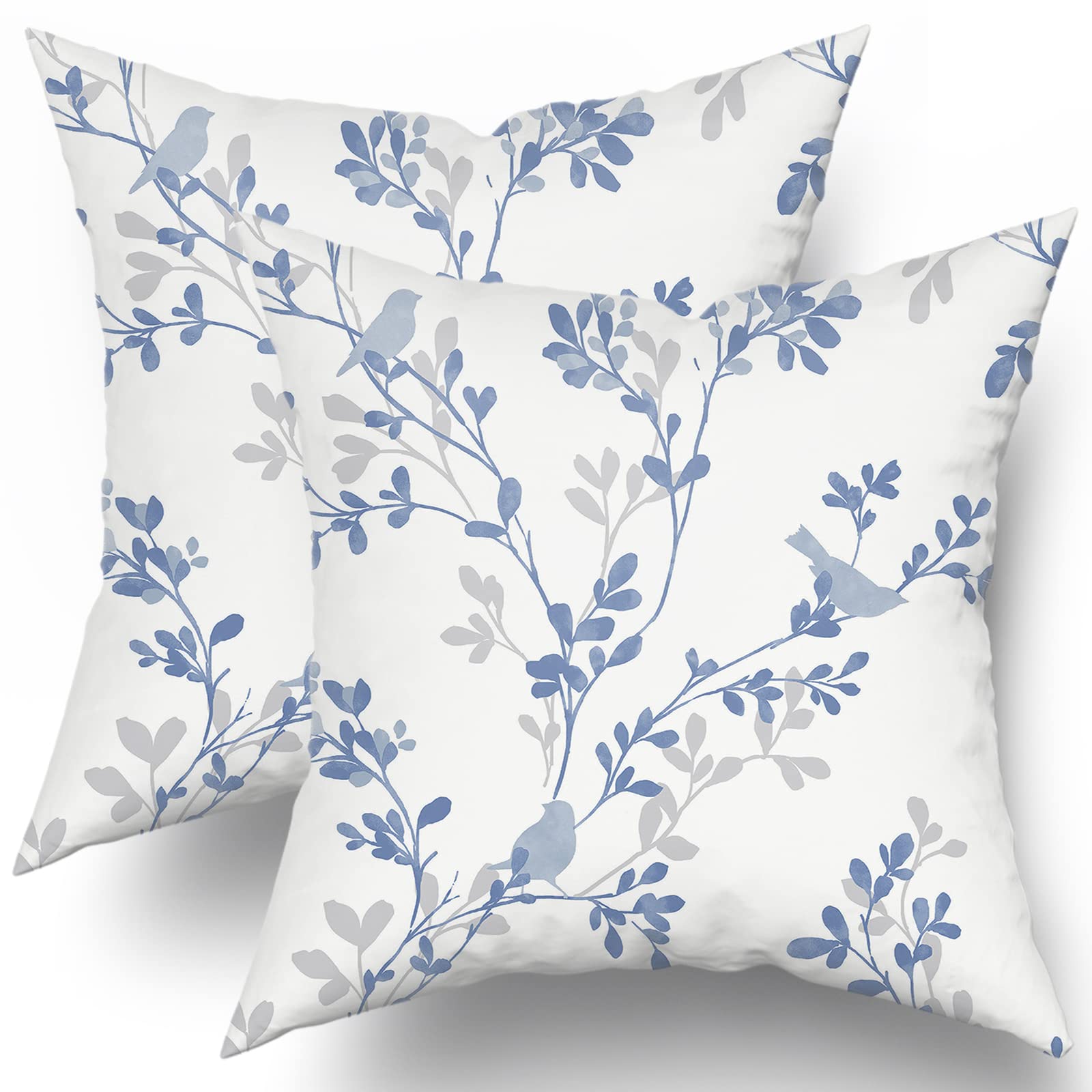 Sweetshow Blue Grey Leaf Branch Jacquard Pillow Covers 12x12 Inch Set of 2