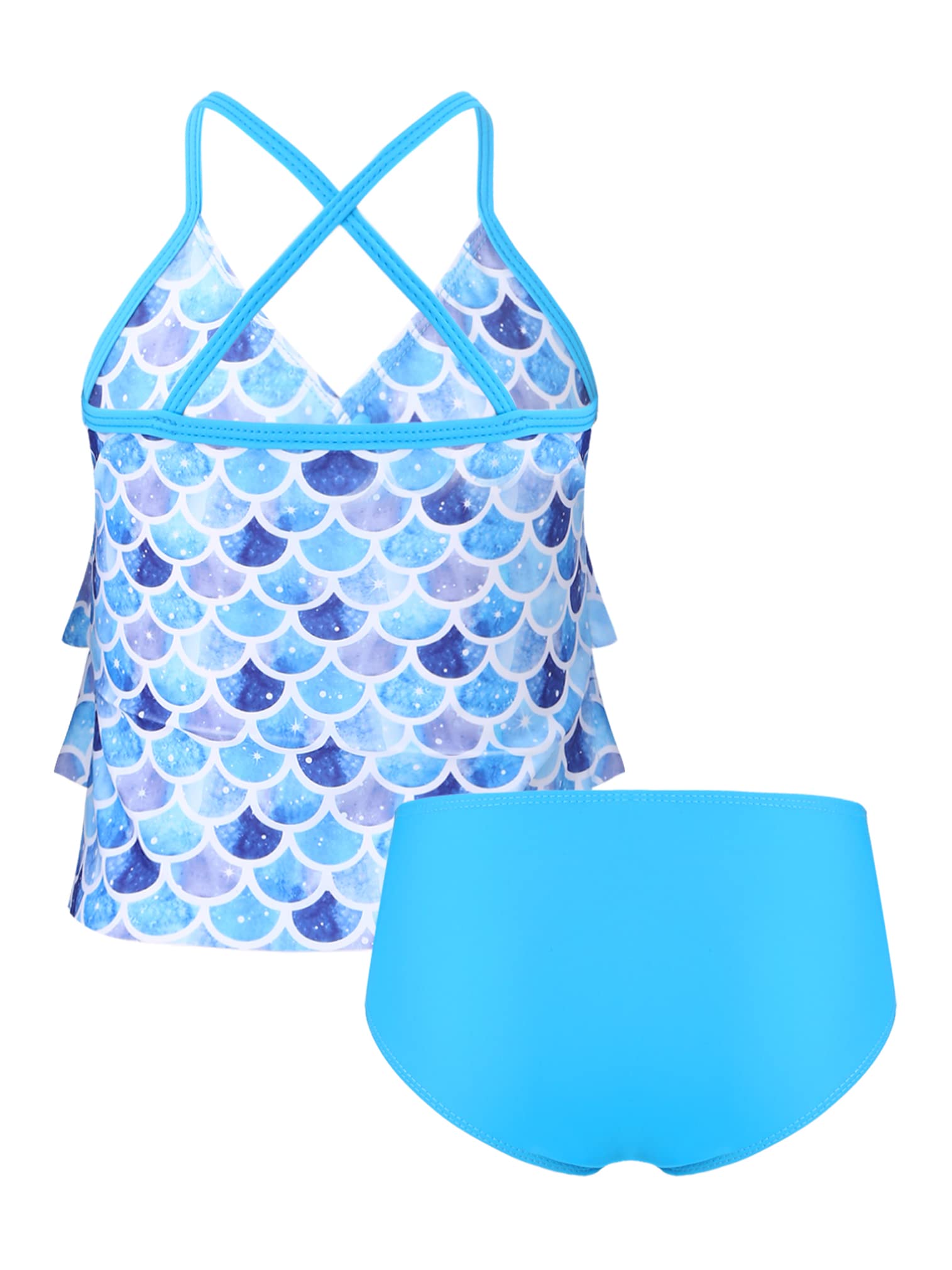 easyforever 2PCS Kids Girls Swimsuit Swimwear Tankini Mermaid Scales Printed Starfish Swim Tops with Briefs Blue 3