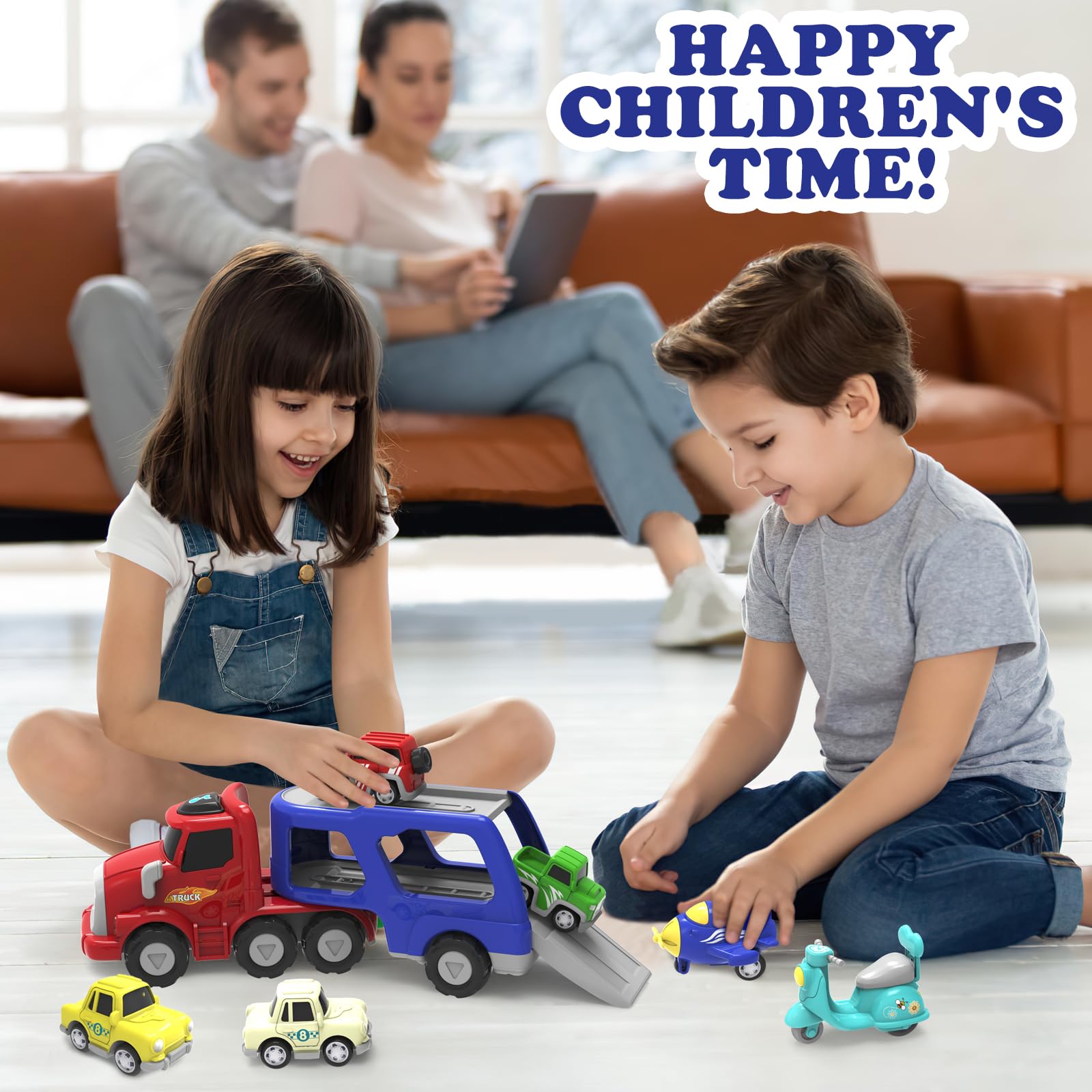 Giochi Bambini 2 Anni,7 in 1 Camion Macchinine con Suoni e Luci,Camion Giocattolo per Bambini,Regalo Bambino 2 3 4 Anni