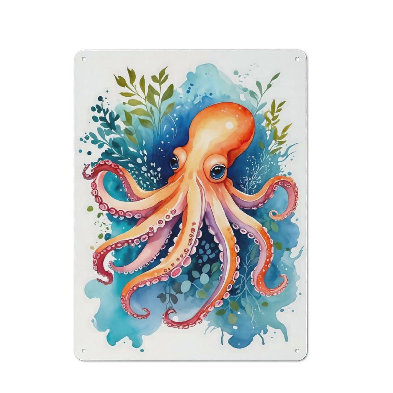 For Living Room Or Hallway, Octopus Watercolor Vintage Metal Plaque 40x30cm, for Vintage Wall Decor Fans, for Metal Sign Collectors