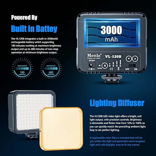Miniatura 4 de Mettlelite VL120B Kit de luz LED de video regulable, continuo, portátil, para cámara, iluminación de fotografía, luz de video recargable con trípode
