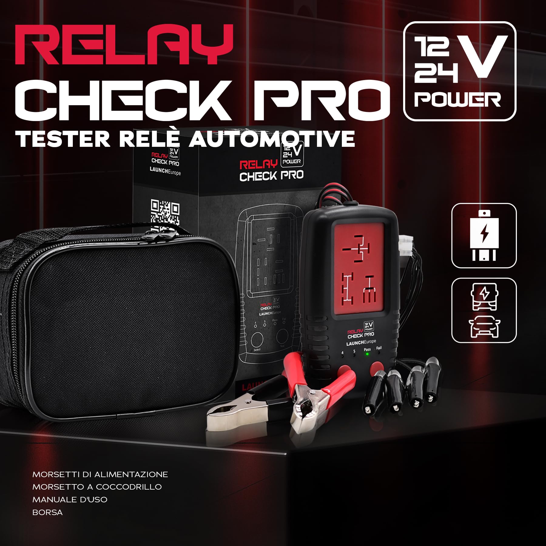LAUNCH Tester Relè Auto 12V/24V, Analizzatore Relè Portatile Professionale | Strumento diagnostico elettronico con clip per test relè e batteria, compatibile con auto e moto