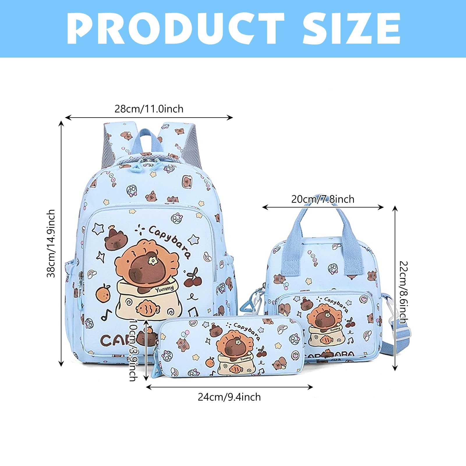 HarnyLoom Capybara Backpack Stationery Set - School Bag Boys, Small Tote Bag & Girls Pencil Case, Back to School Supplies Stationary Set for Kids & Students (Blue) - Image 2