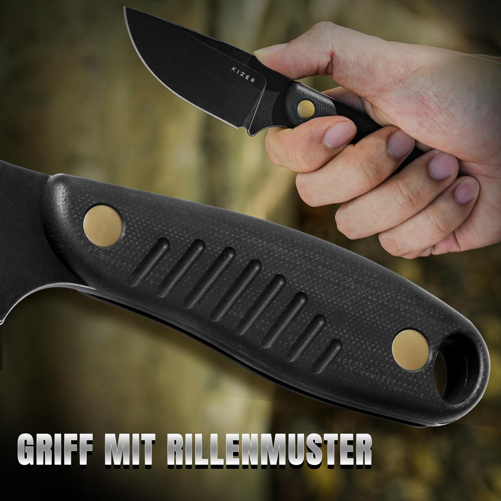 Kizer Hare Neck Knife EDC Messer mit D2 Klinge und G10 Griff, 1077M1 | 8cm Clip Point Klinge mit Schwarzem Griff, Kleine Outdoor Bushcraft Camping Survival Messer mit Scheide für Männer Frauen