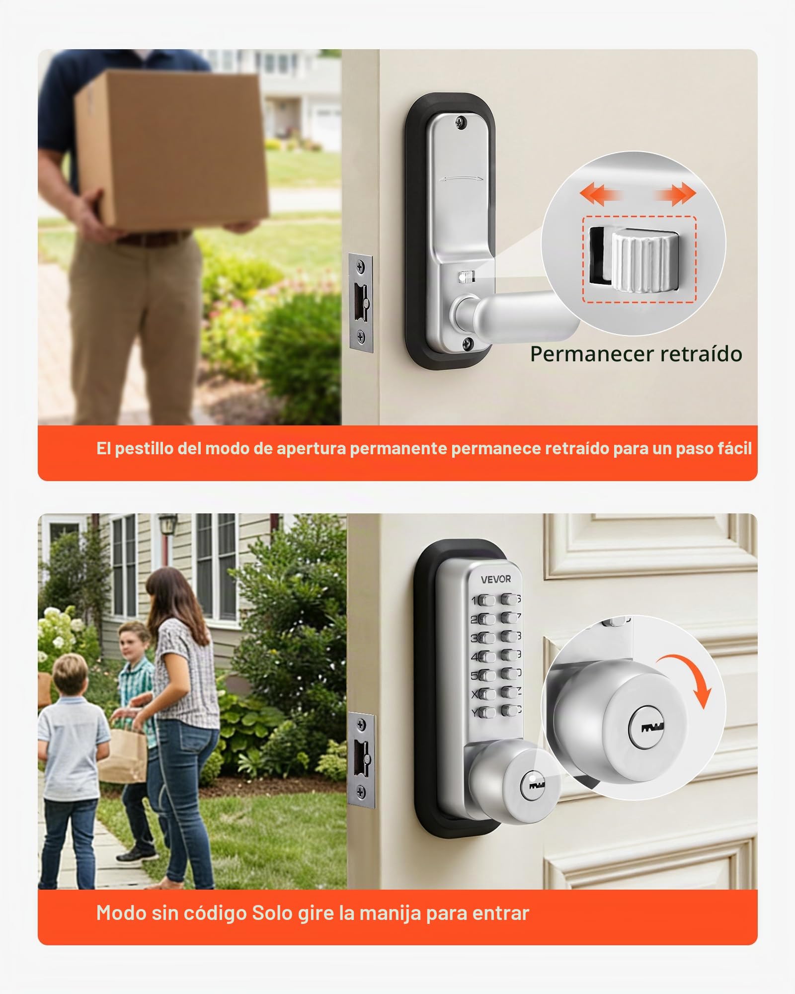 VEVOR Cerradura de Código Mecánica con Teclado, 4 a 7 Dígitos sin Llaves, Aleación de Zinc, Cerradura de Combinación con Bloqueo Automático para Puertas 35 a 65 mm, Entrada, Garaje, Jardín, Exterior