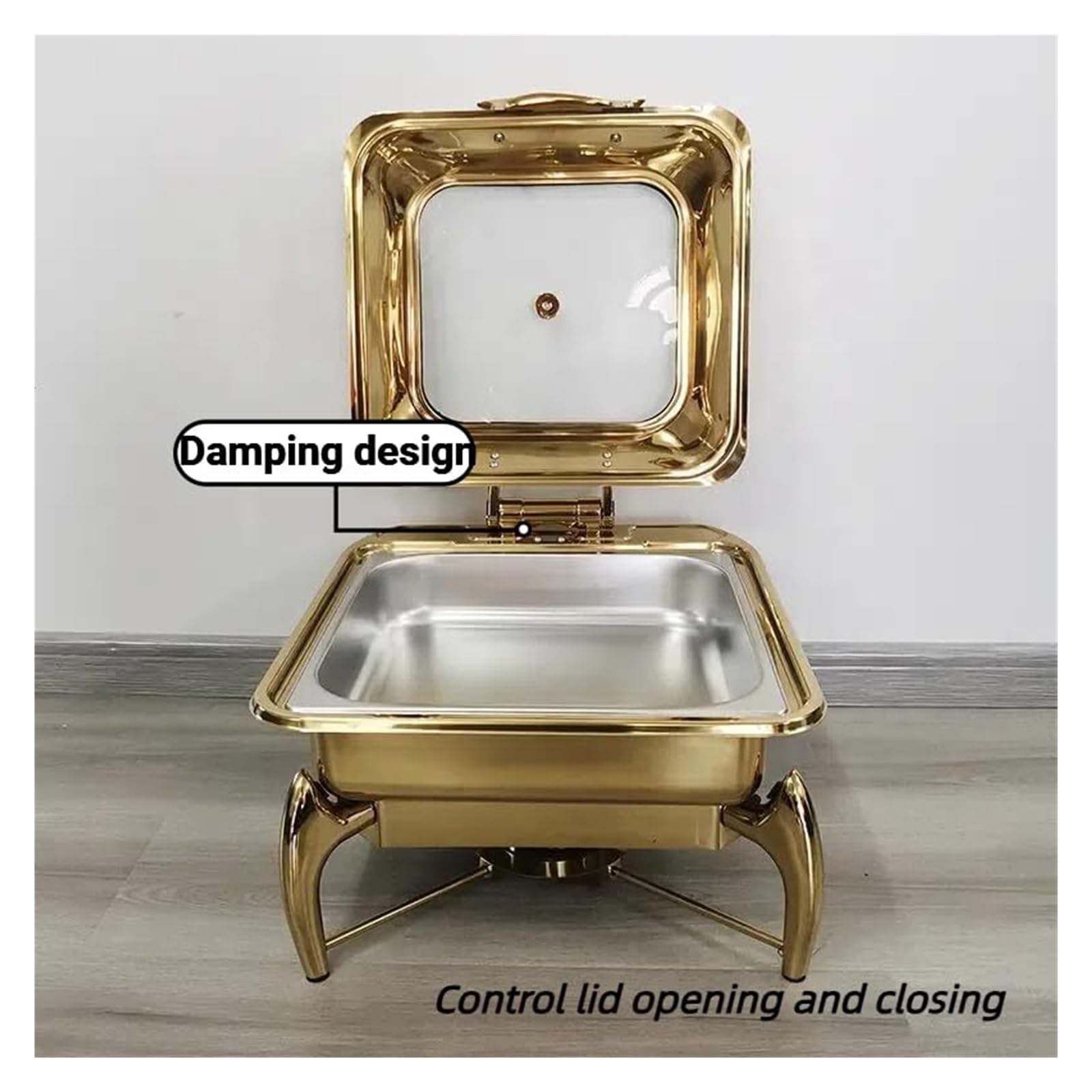 Scaldavivande Quadrati in Acciaio Inox for Buffet Cucina a Buffet | Con coperchio in vetro e design ammortizzante: scaldavivande for feste a buffet, supporto stabile(Gold)
