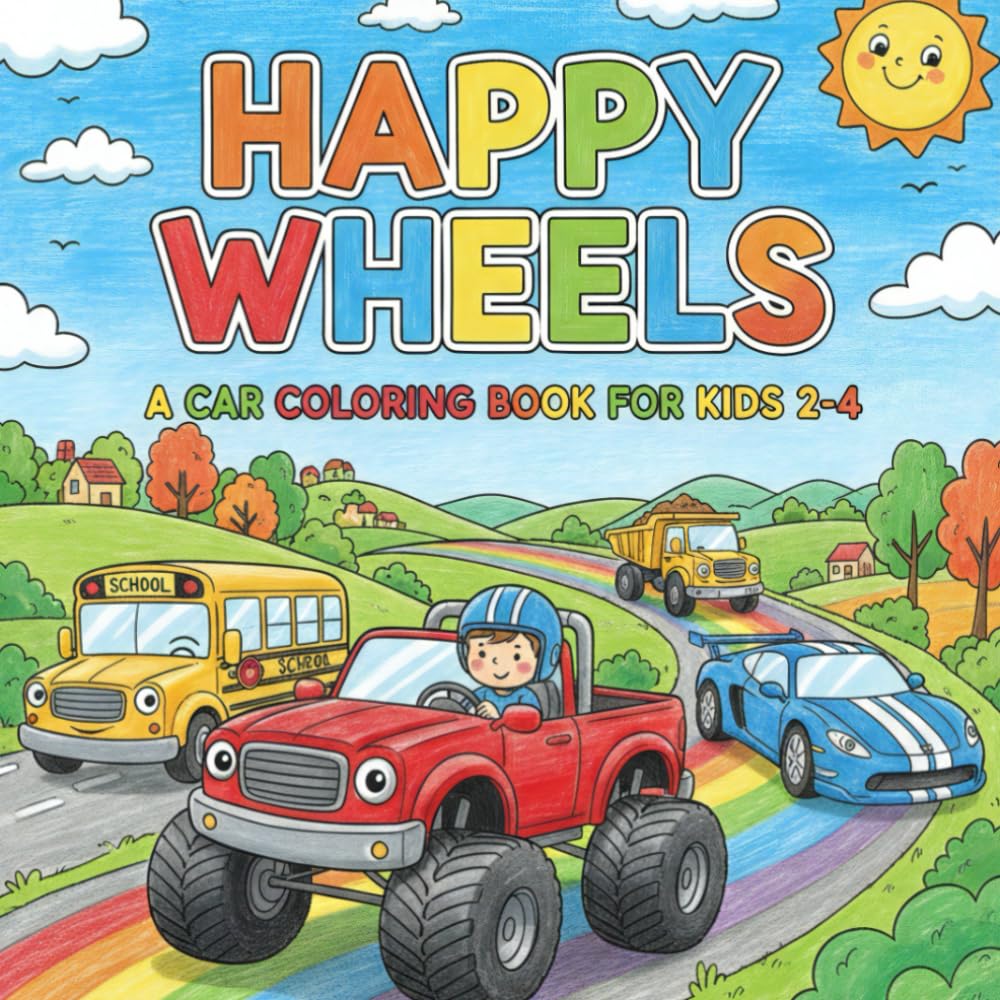 Happy Wheels: Easy Car Coloring Book for Toddlers Ages 2–4 | Cars, Trucks & Vehicles for Kids: Simple and Fun Car Coloring Pages for Toddlers | Big Cars, Trucks & Monster Vehicle