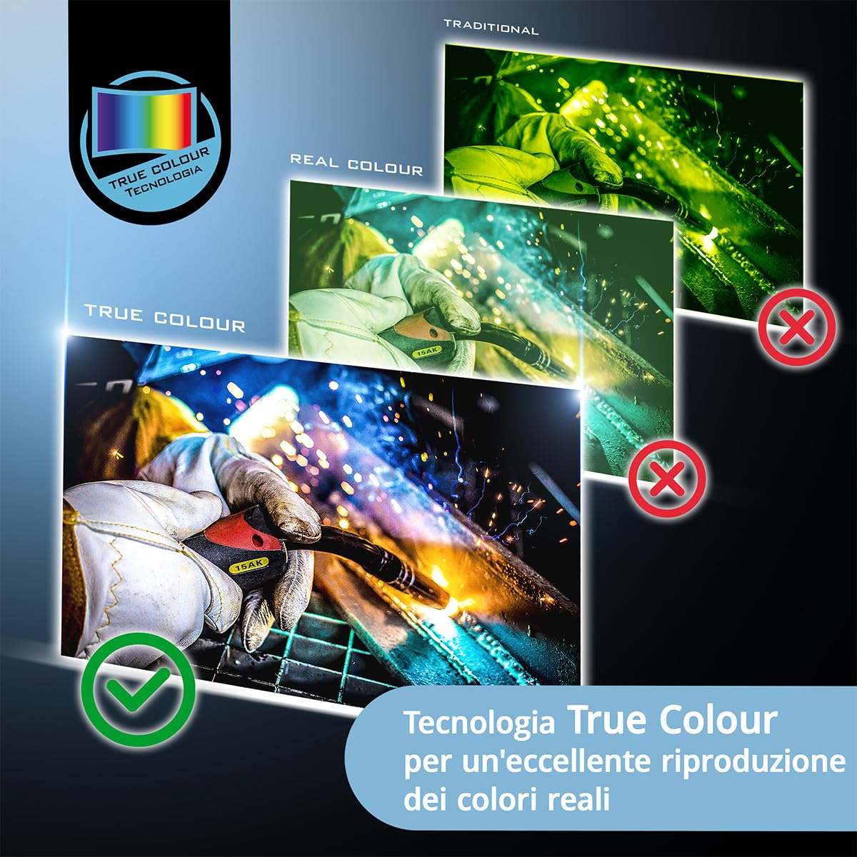 STAHLWERK Casco per saldatura automatico 3 in 1 Master Air, casco per saldatura con aria fresca, controllo di funzionamento tramite Bluetooth, riproduzione dei colori True-Colour, oscuramento da DIN 4