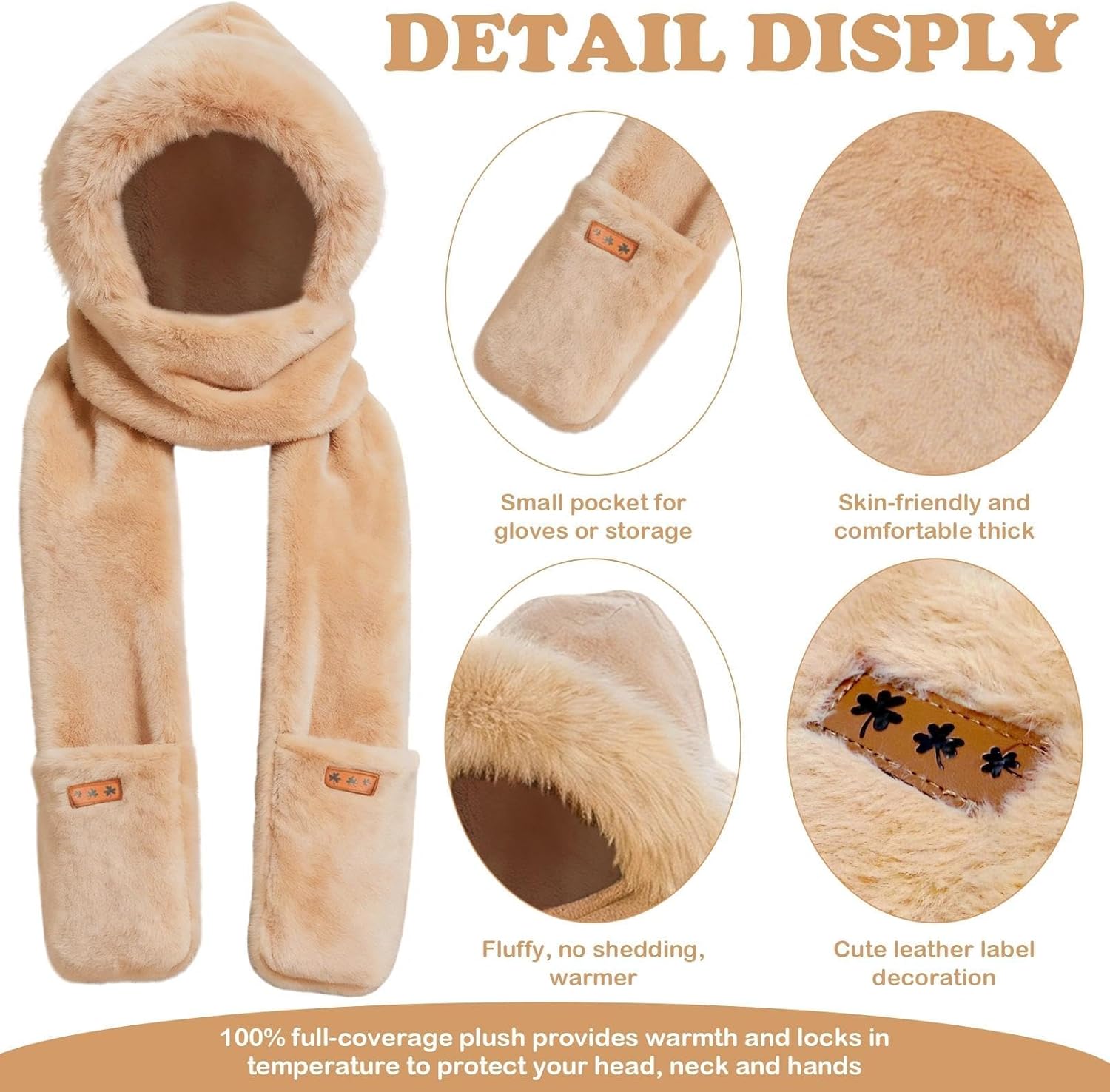 Hooded Scarf for Women Winter, Ear Hat Scarf 3 in 1Faux Fur Gloves Set Soft Thick Warm Hat - Image 7