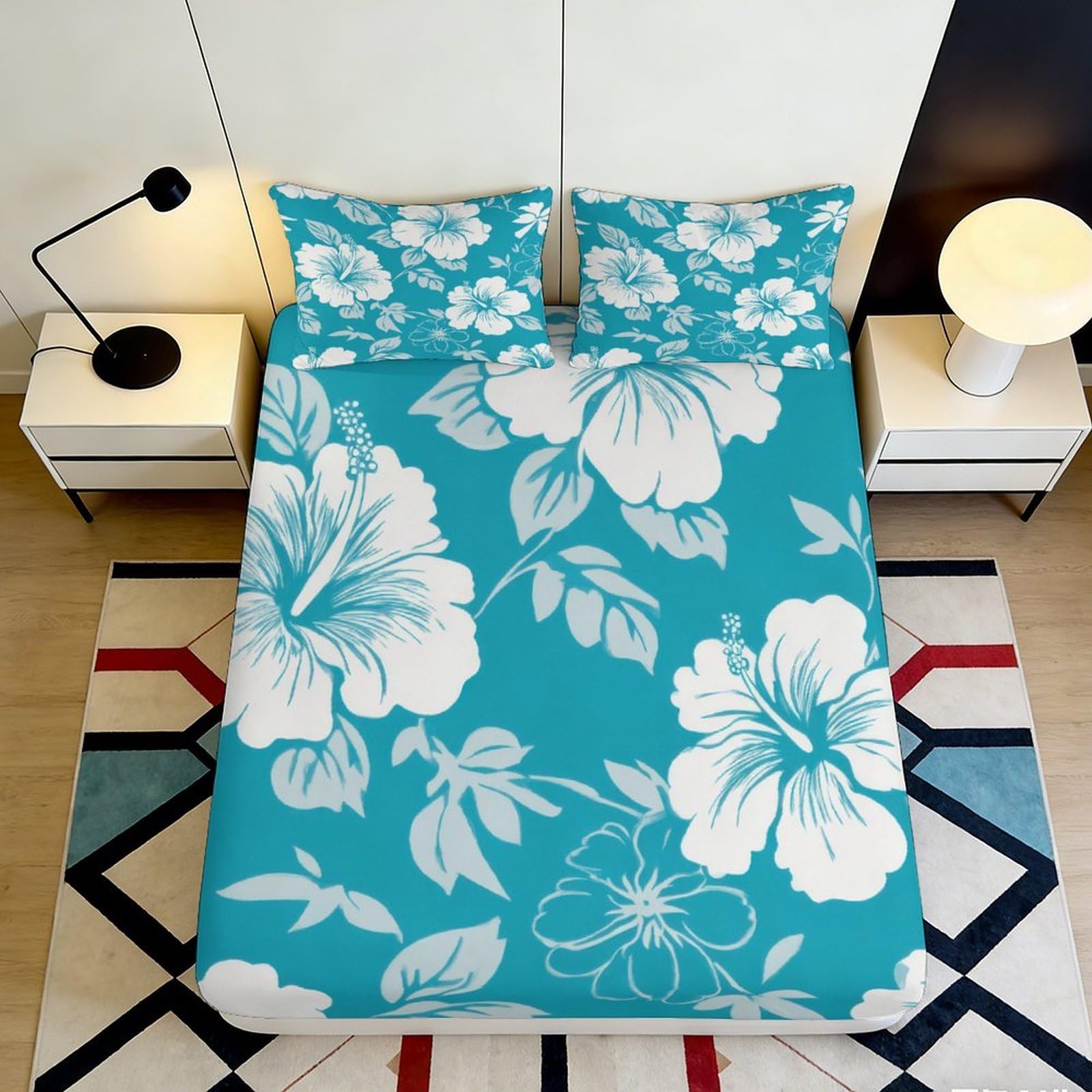 3D Printed Hibiscus Floral Fitted Sheet Microfiber Turquoise Soft Breathable Tropical Blossom Mattress Cover for Bedroom Dorm Decor 120x200x25cm