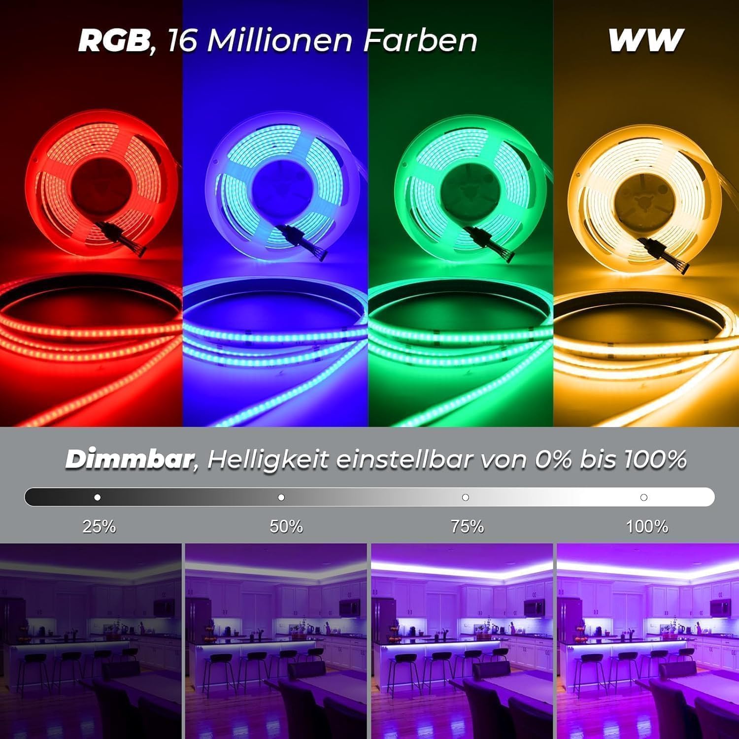 Striscia LED COB da 5 m, striscia LED RGBW 24 V, WIFI LED Band con telecomando, dimmerabile, RGB + bianco caldo, striscia LED RGBW per mobili da cucina, armadi di stoccaggio e decorazioni