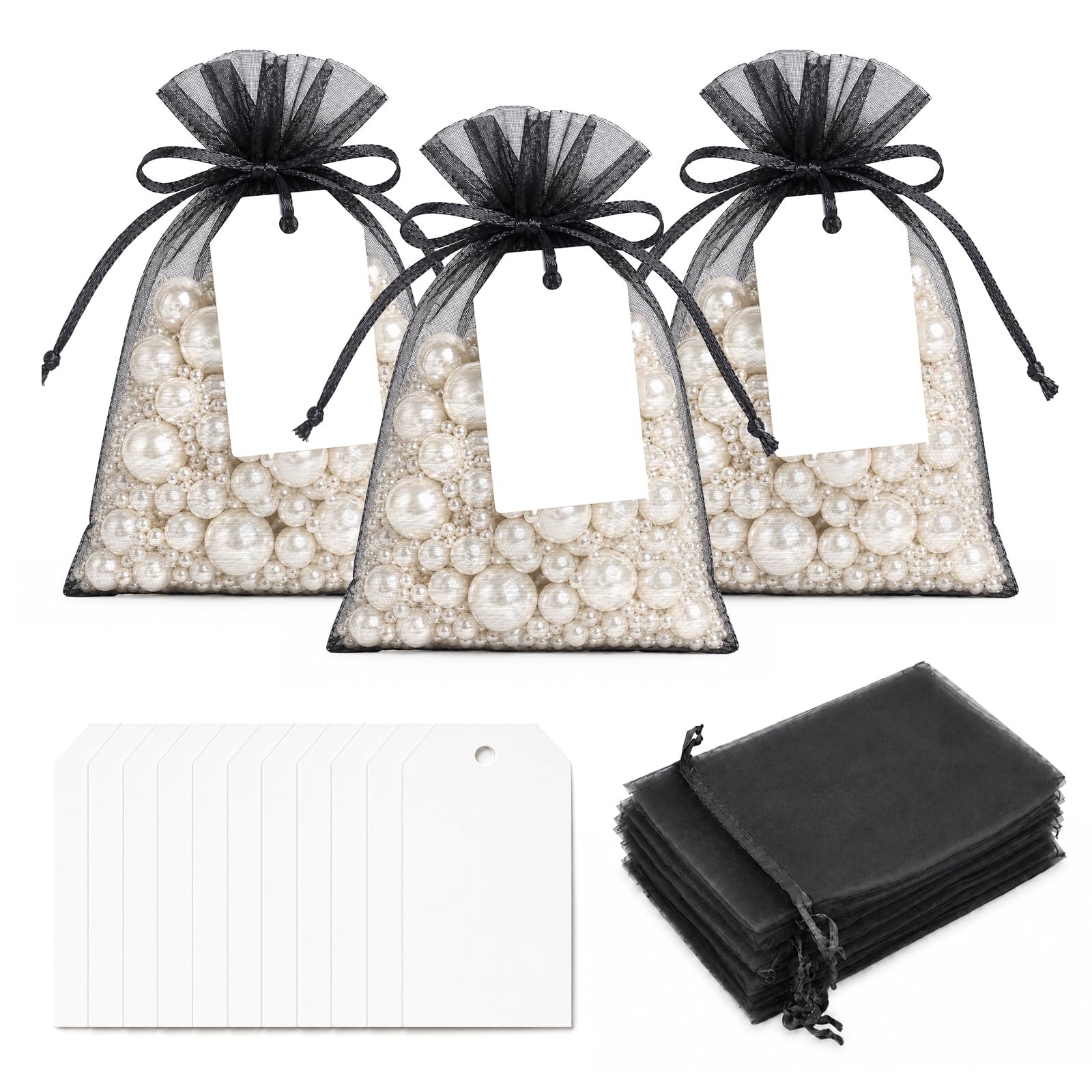 G2PLUS 25 Pack Organza Gift Bags with Tags: 10 x 15 cm Black Drawstring Favour Pouches with 4 x 7 cm White Tags for Wedding Party Favours Jewellery Candy