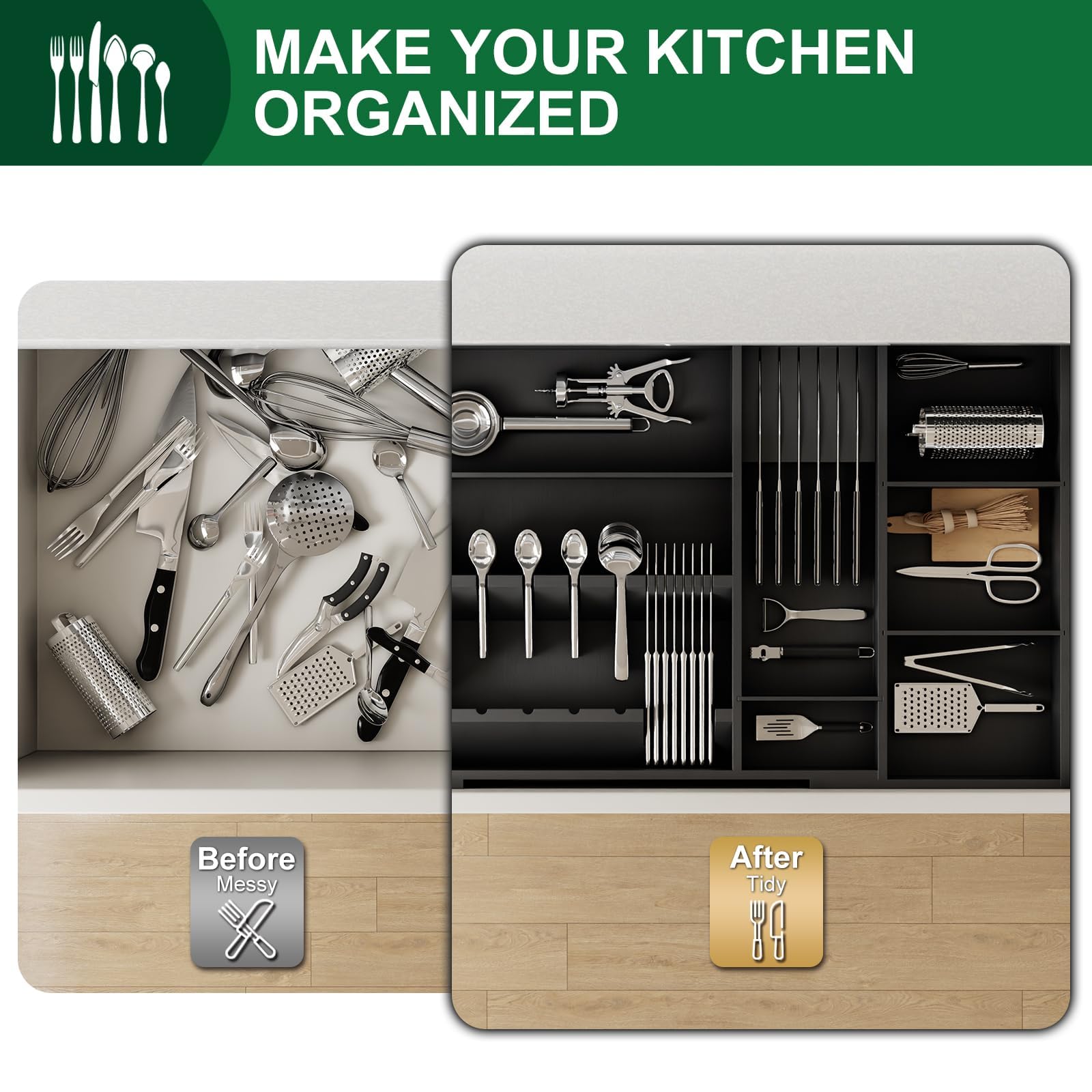 Organizador grande de cajones de utensilios, organizadores de cubiertos de bambú expandibles para cajones de cocina, organizador de cajones multiusos con bandeja ajustable para cuchillos de