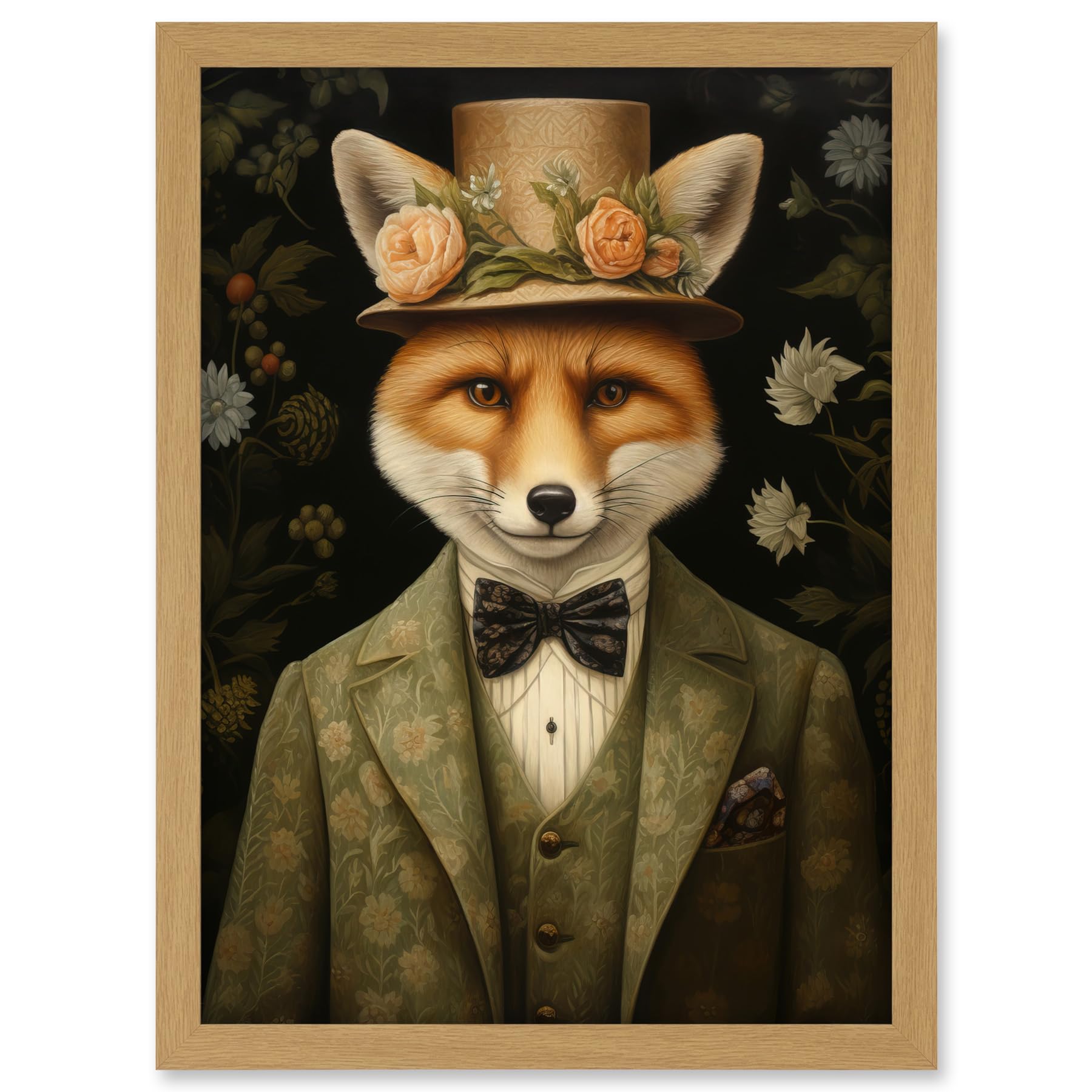 Artery8 Fox in Floral Victorian Suit and Top Hat Surrealism Artwork Green Orange Woodland Gentleman Artwork Framed A3 Wall Art Print