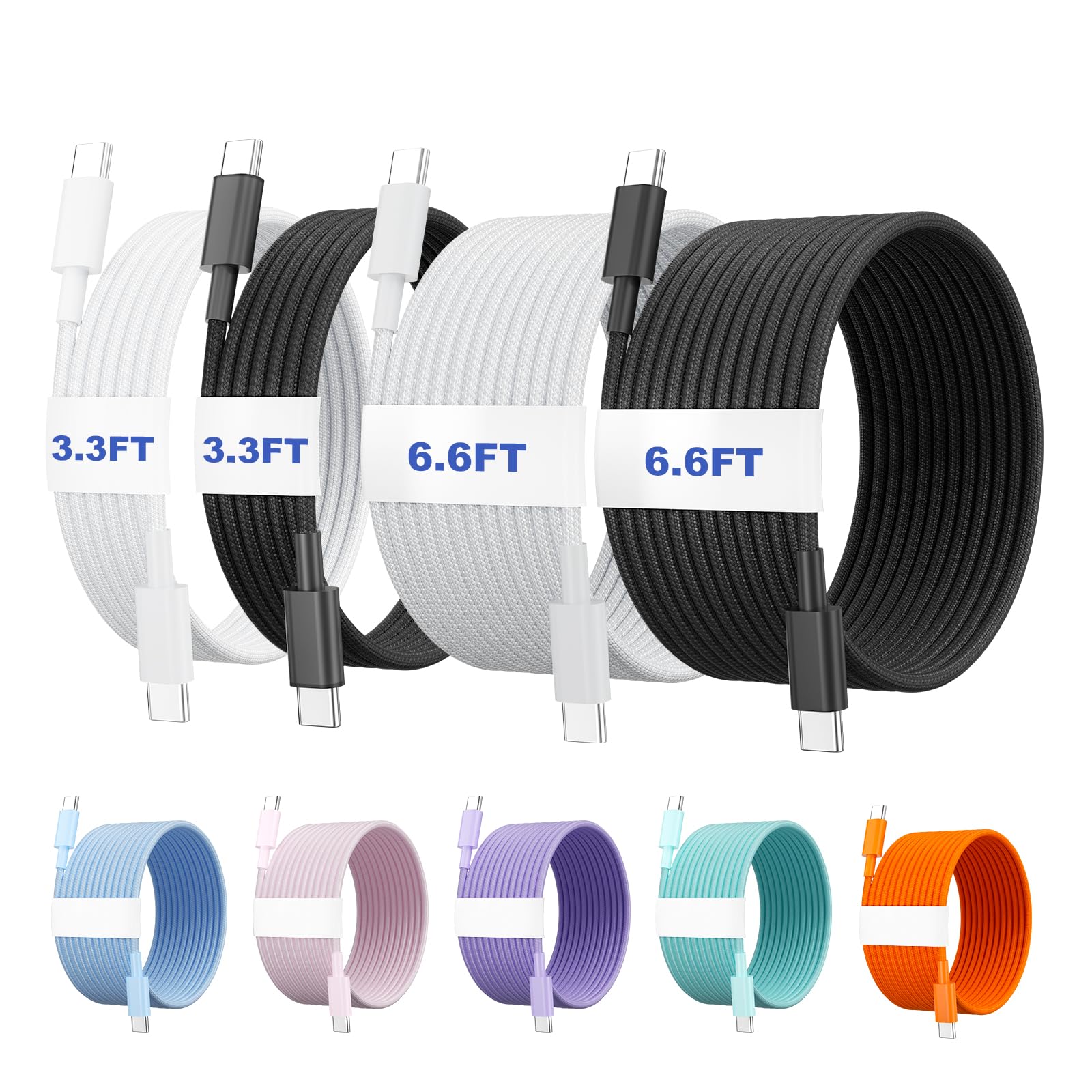 Cavo intrecciato da USB C a USB C, ricarica rapida, confezione da 4 cavi da 6,6/6,6/3,3/3,3 m, 60 W, adatto per iPhone 17, 16, 15 Pro Max, Plus, iPad, MacBook, Galaxy S25 Ultra (6,6/6,6/3,3